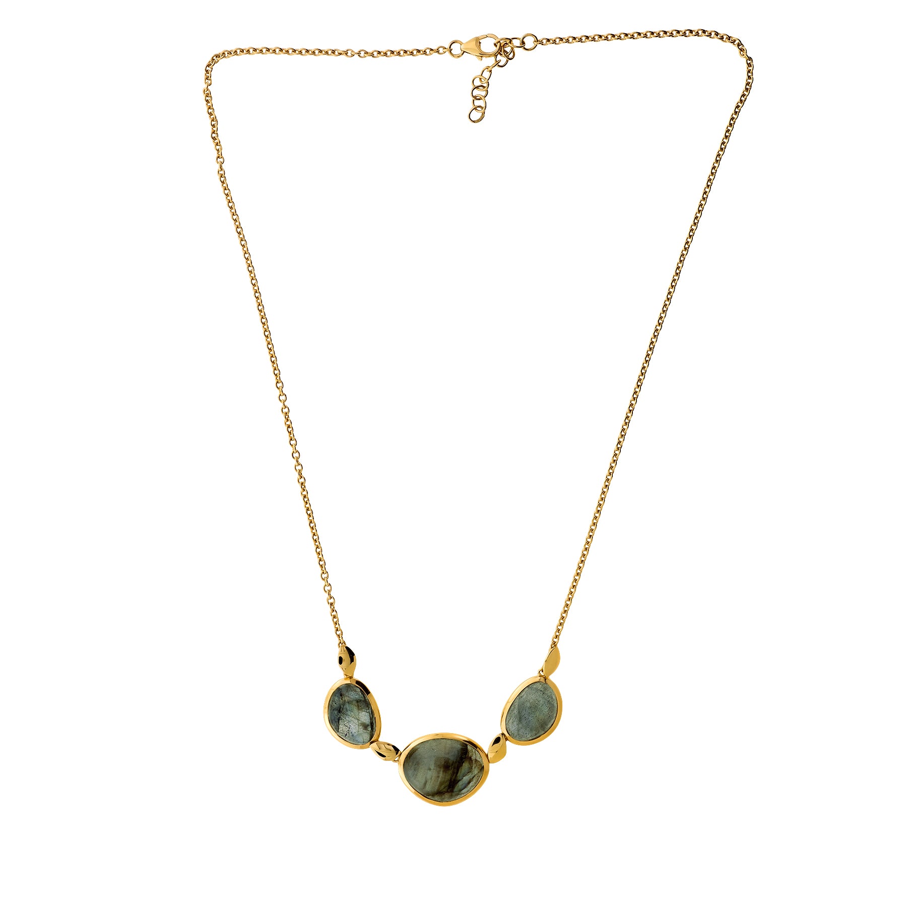 Delicate gold vermeil necklace featuring three polished spectrolite stones set in smooth bezels, designed with an adjustable chain for a refined and contemporary look.