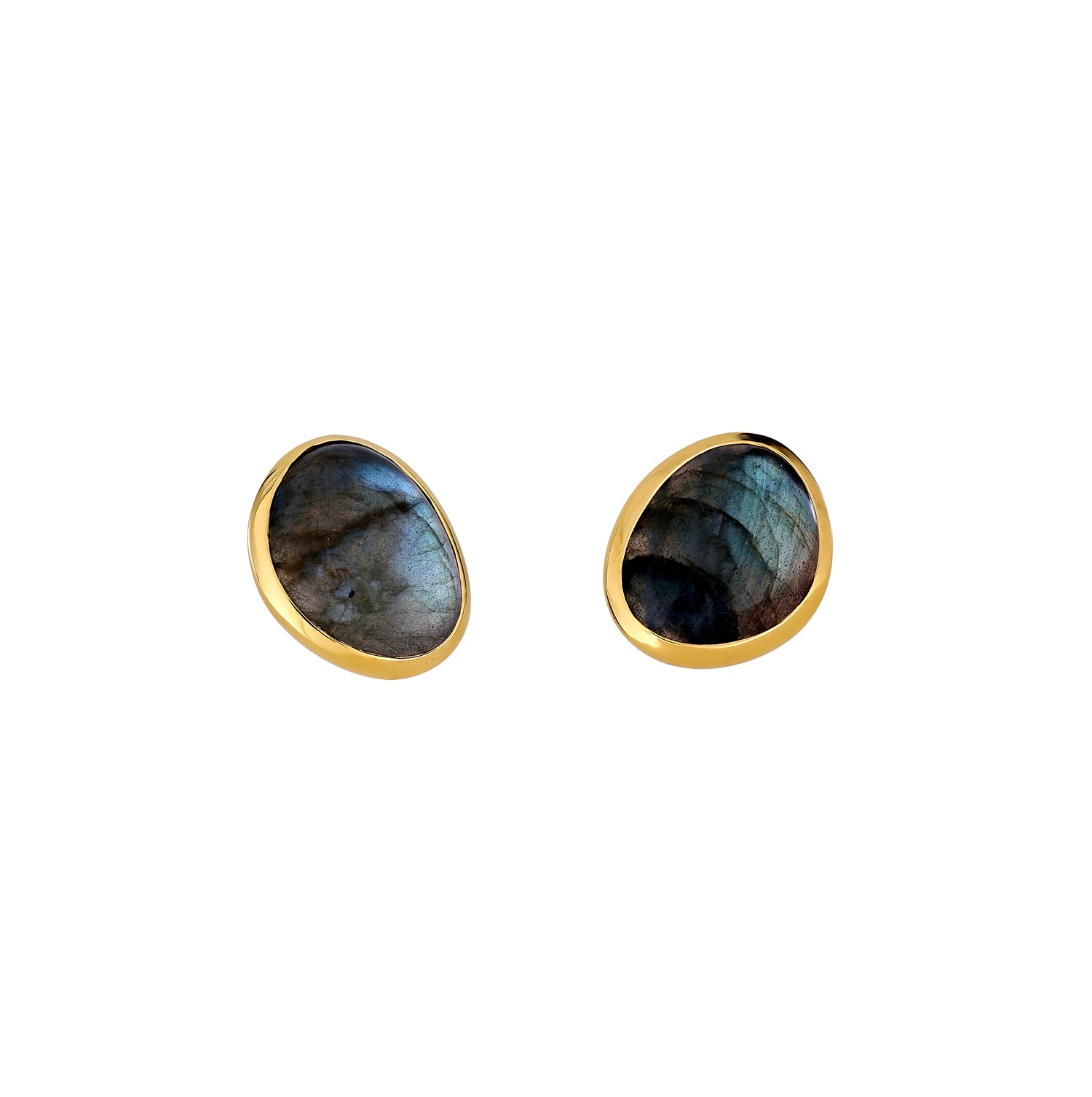 Pair of gold vermeil oval stud earrings featuring iridescent spectrolite gemstones, designed with a polished finish for a refined and contemporary look.