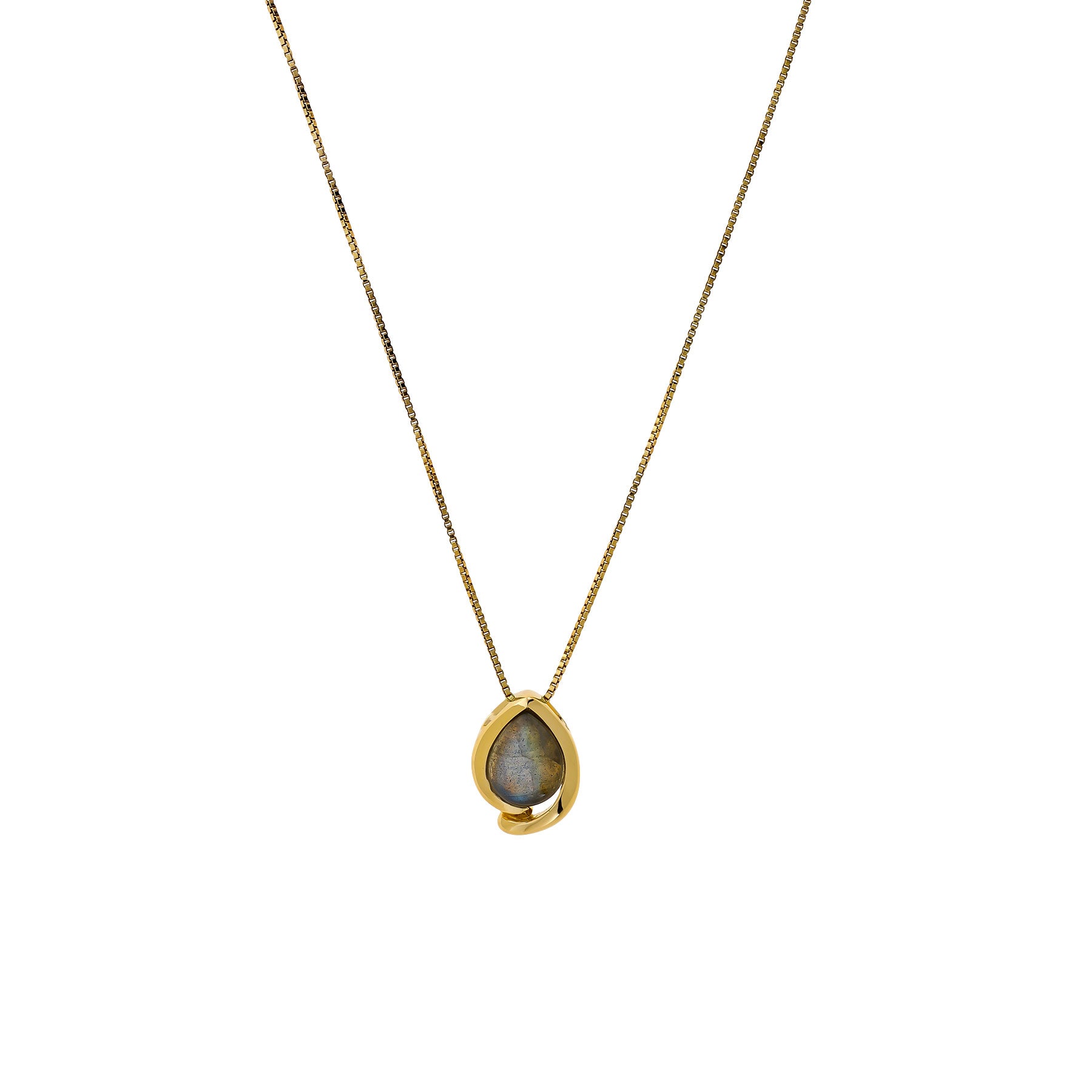 Gold vermeil pendant featuring a teardrop-shaped spectrolite stone, suspended on a delicate chain, combining contemporary design with subtle iridescence.