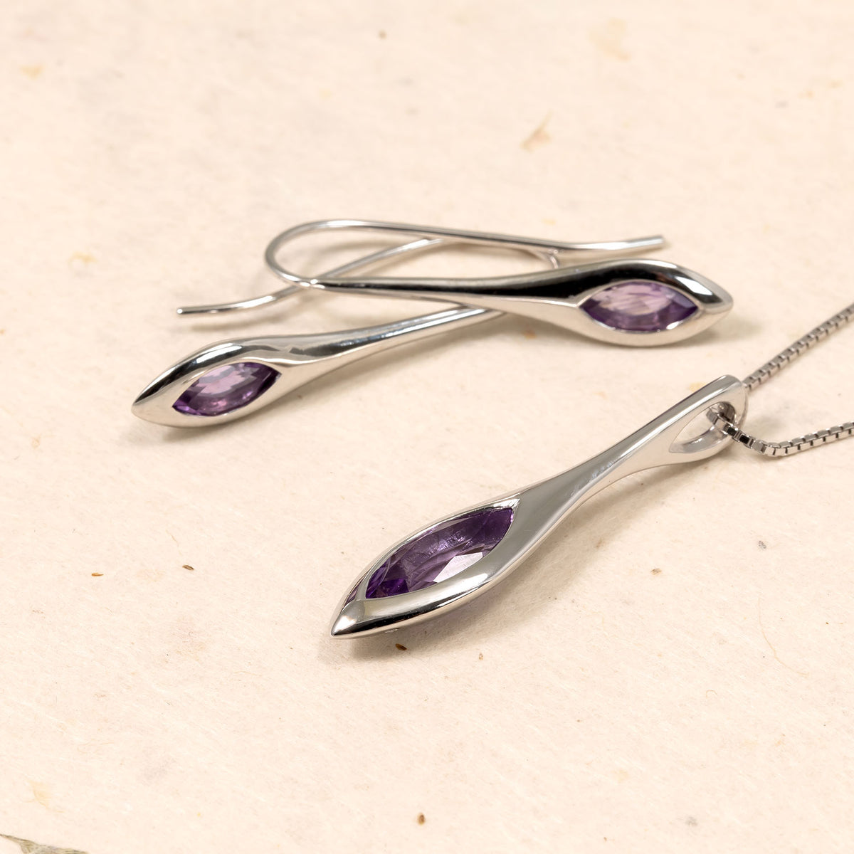 Sterling Silver & Amethyst Elegant Marquise Drop Earrings