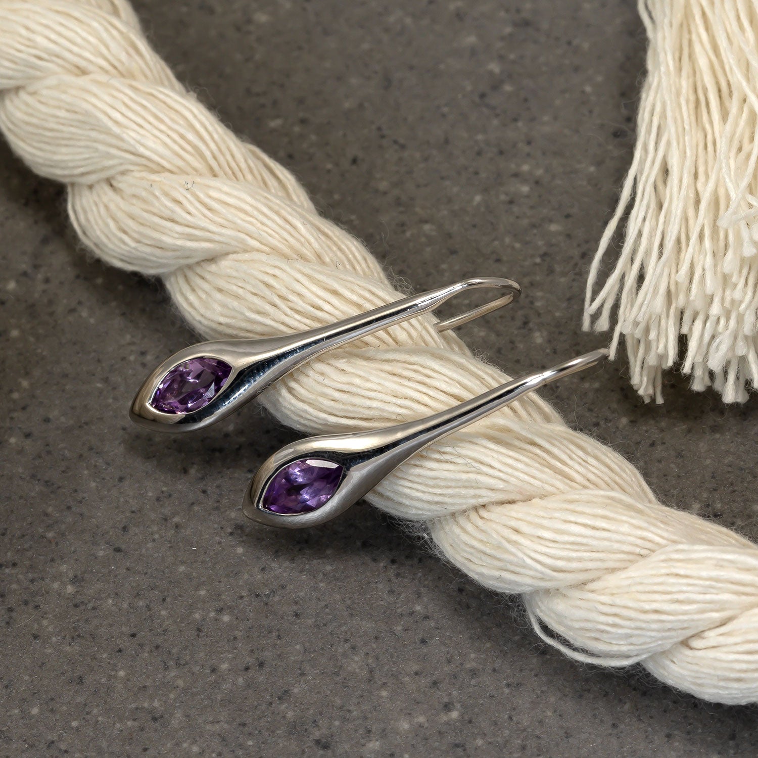 Sterling Silver & Amethyst Elegant Marquise Drop Earrings