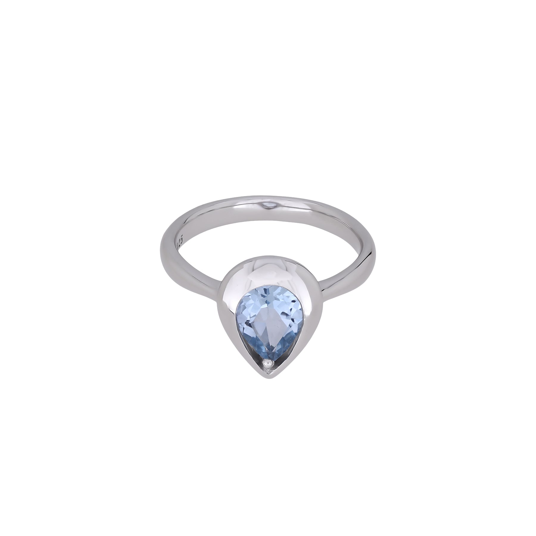 Sterling silver ring featuring a polished band with a prominent sky blue topaz teardrop gemstone set in a sleek, modern bezel for a refined and elegant statement.