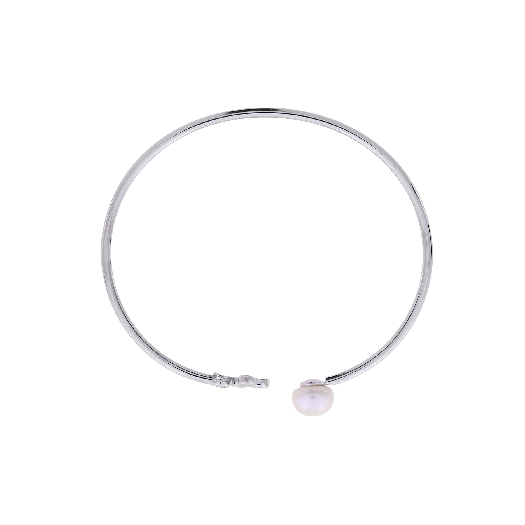 Open-ended sterling silver cuff bracelet featuring a single luminous freshwater pearl and a row of sparkling cubic zirconia stones, showcasing elegant contemporary design.
