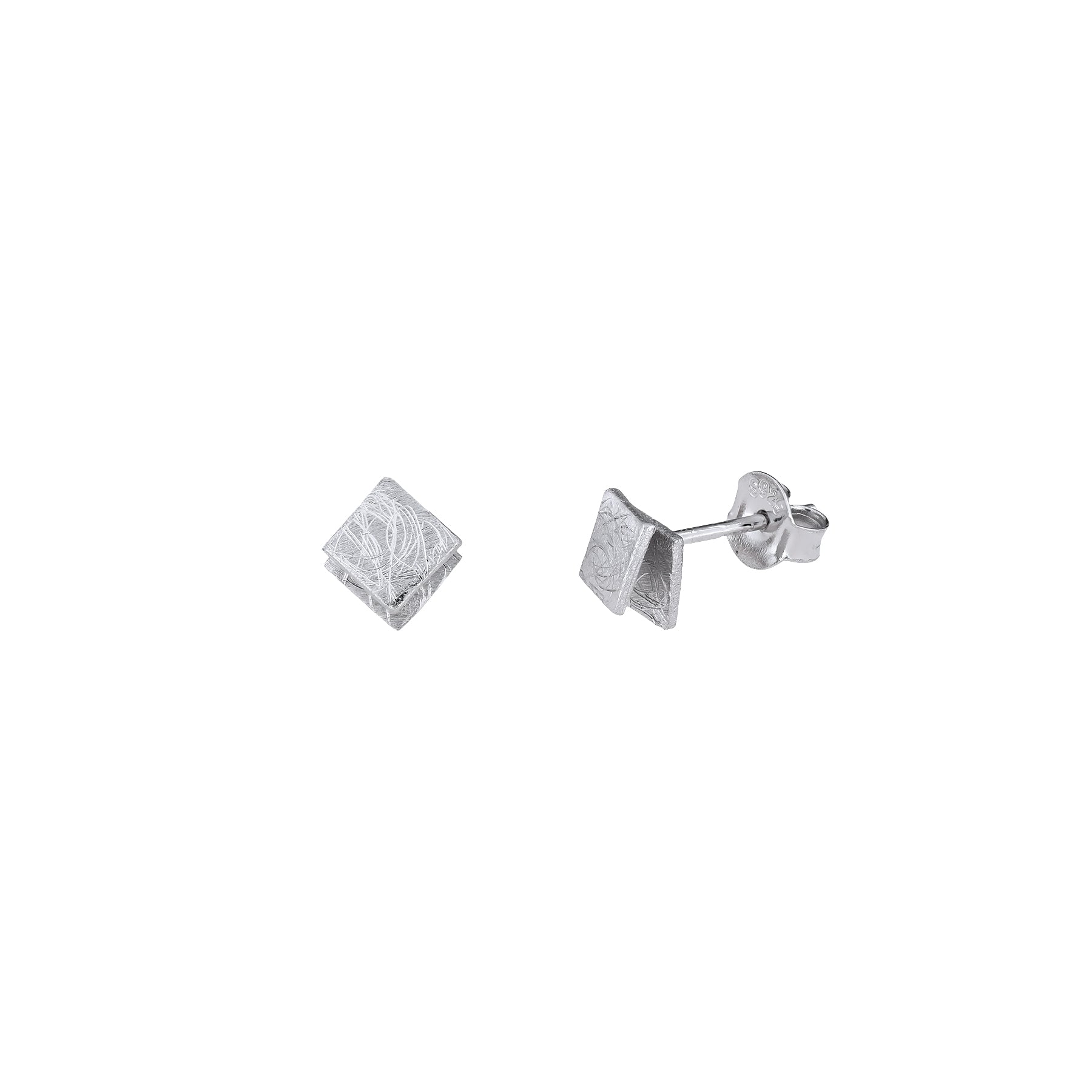Pair of sterling silver stud earrings featuring a textured finish on double square shapes, showcasing a modern and sculptural design in fine silver jewellery.