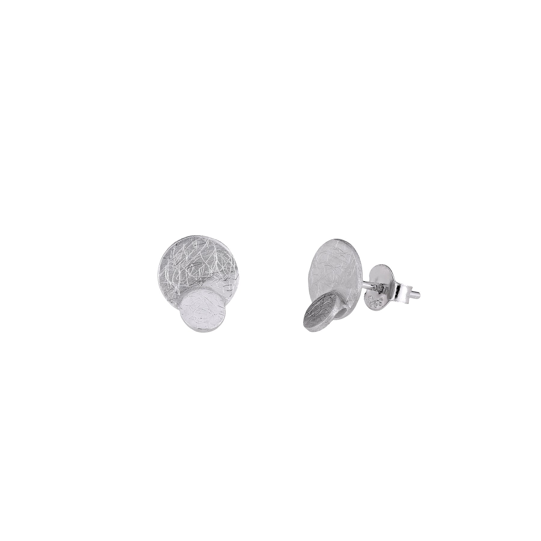 Pair of sterling silver stud earrings featuring a textured finish with overlapping double circle design, showcasing contemporary and sculptural silver jewellery by Azendi.