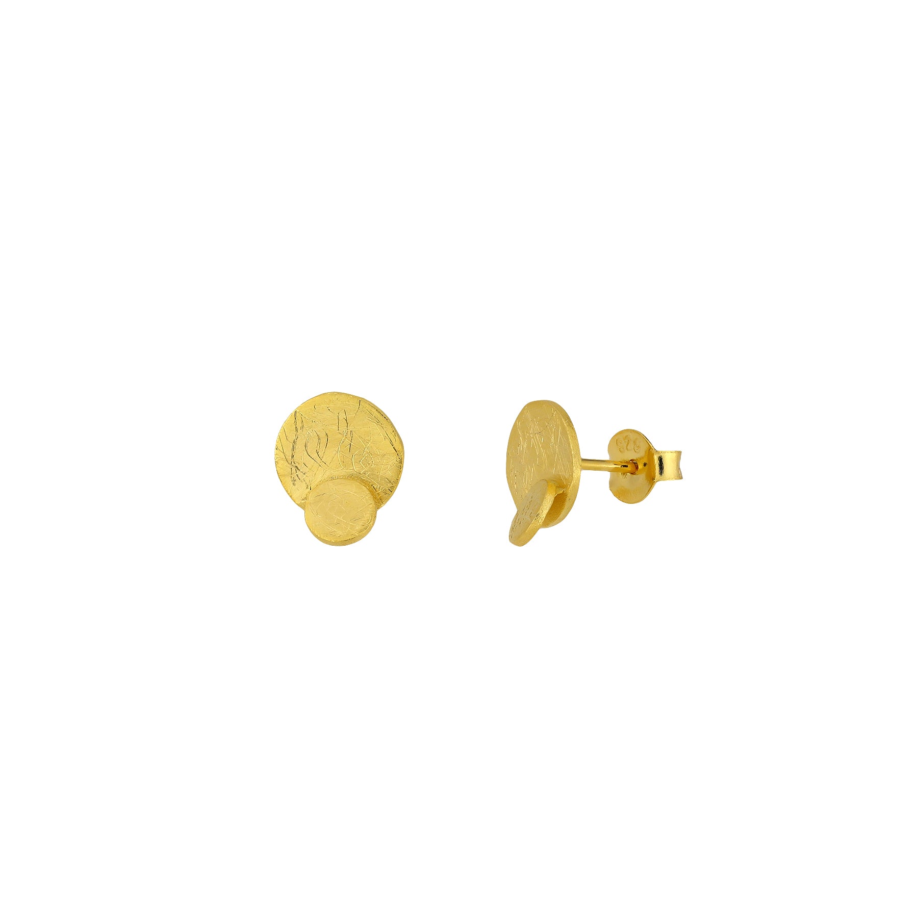 Pair of gold vermeil stud earrings featuring a textured finish with overlapping double circle design, combining contemporary style with refined sterling silver jewellery craftsmanship.