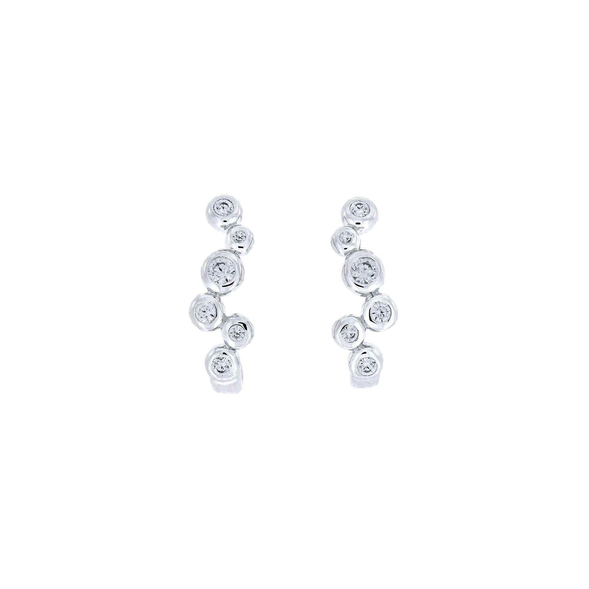 Pair of sterling silver half hoop earrings featuring a cluster of sparkling cubic zirconia stones, exemplifying expert British craftsmanship and contemporary fine jewellery design.