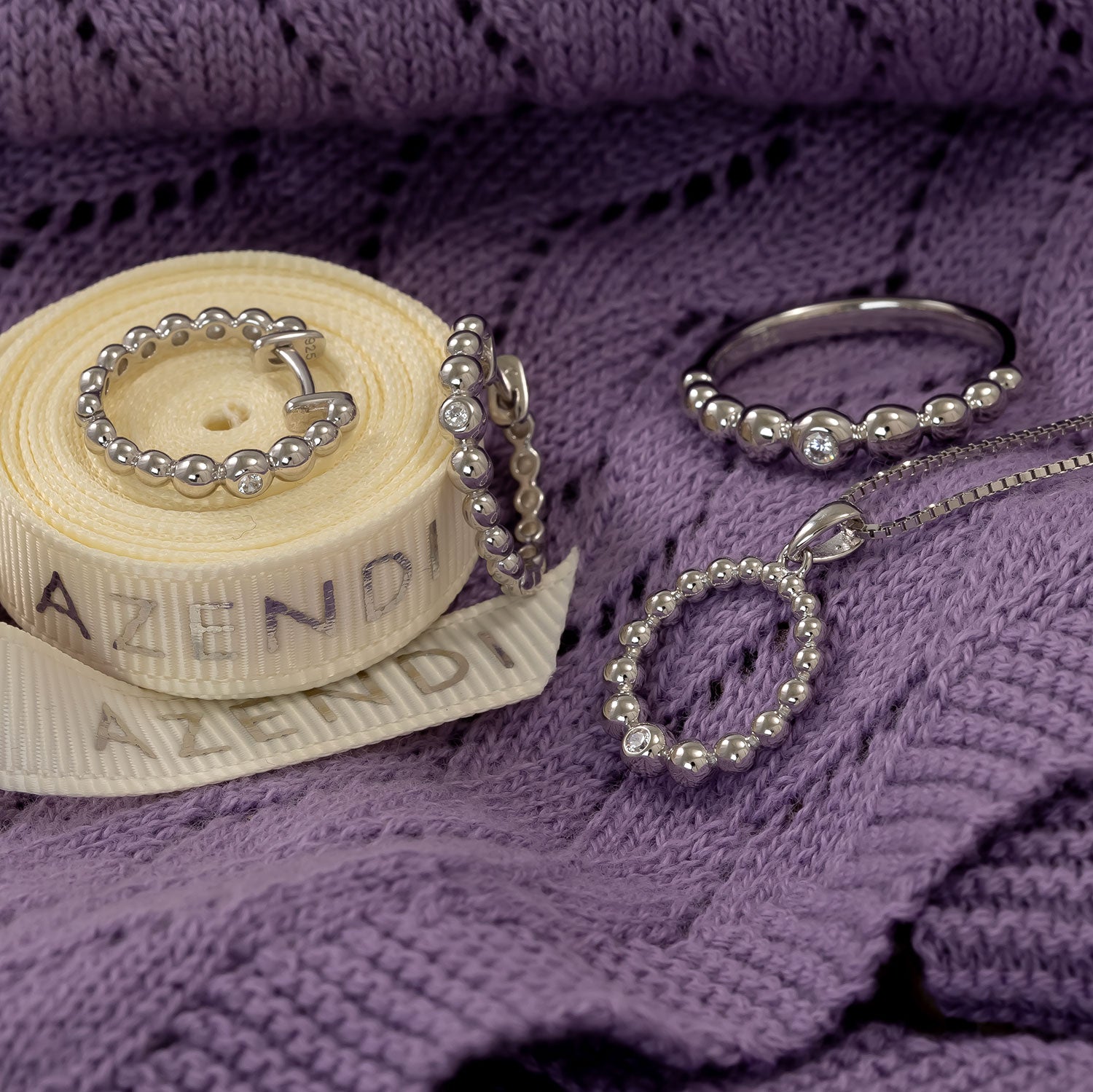 Silver Beaded Graduated Circle Pendant with Cubic Zirconia