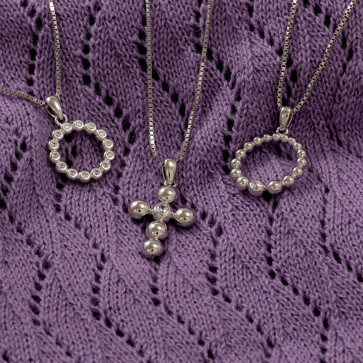 Silver Beaded Cross Pendant with Cubic Zirconia