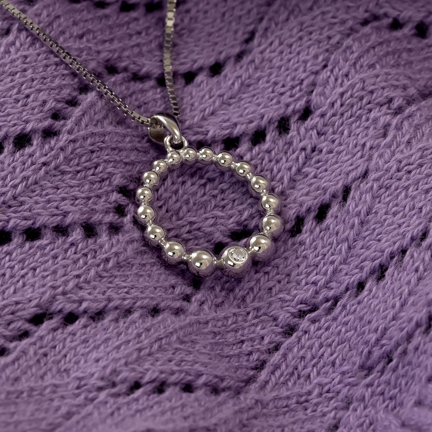 Silver Beaded Graduated Circle Pendant with Cubic Zirconia