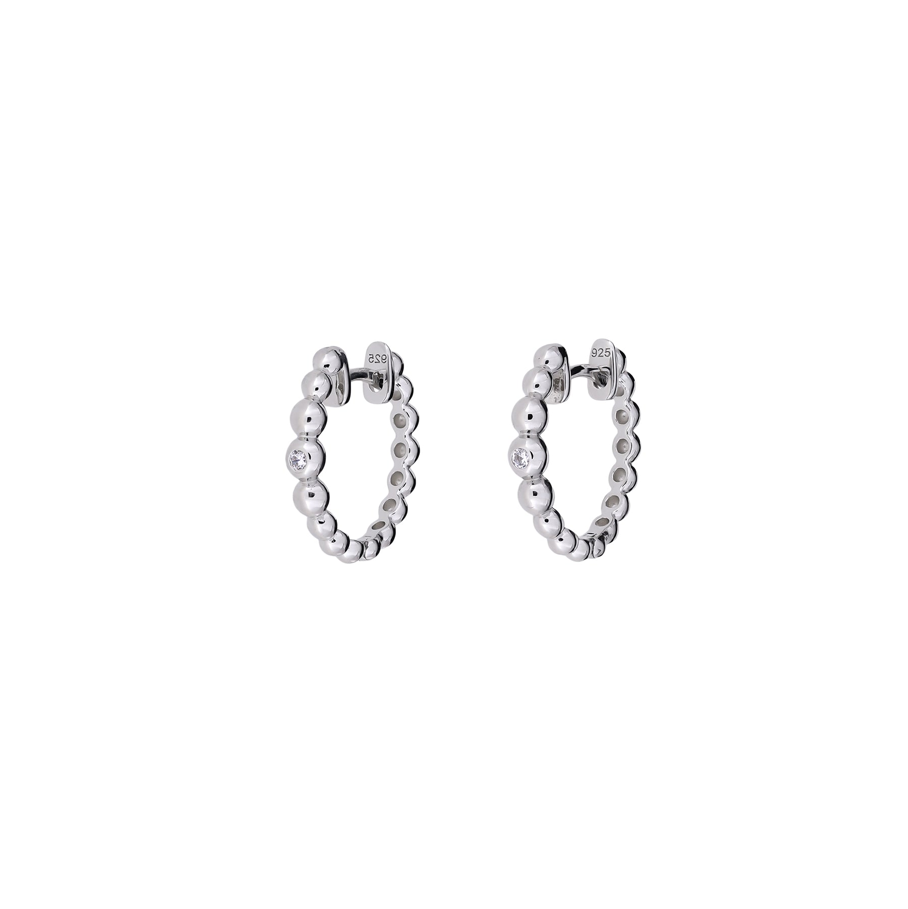 Pair of sterling silver hoop earrings featuring graduated bead detailing and small cubic zirconia accents, showcasing refined British craftsmanship and contemporary design.