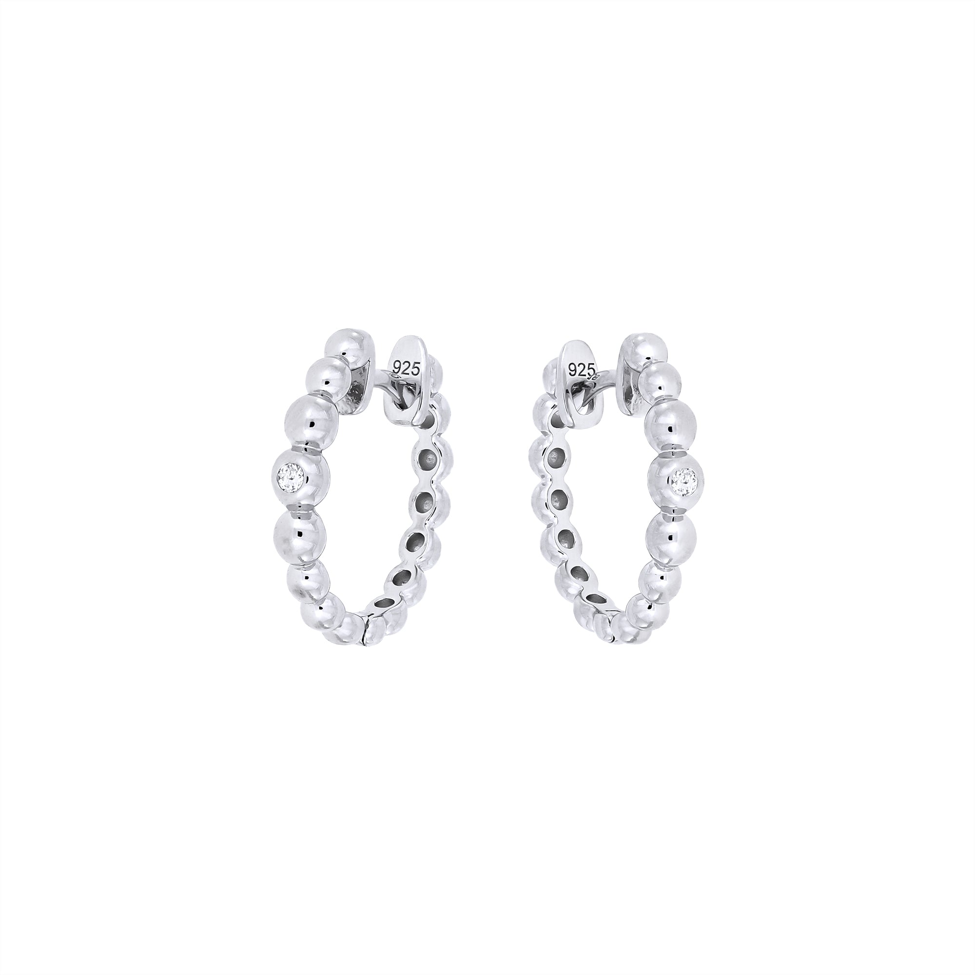 Pair of sterling silver hoop earrings featuring graduated bead detailing and small cubic zirconia accents, showcasing refined British craftsmanship and contemporary design.