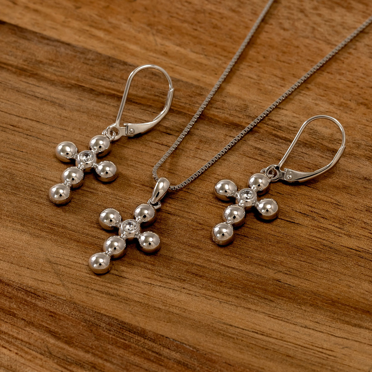 Silver Beaded Cross Pendant with Cubic Zirconia