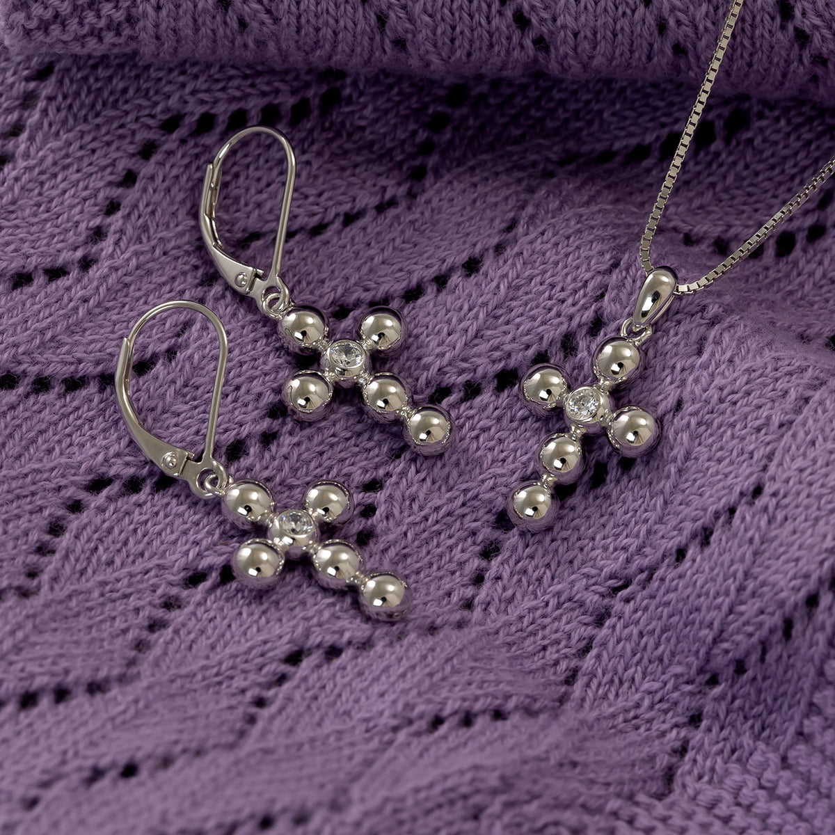 Silver Beaded Cross Pendant with Cubic Zirconia