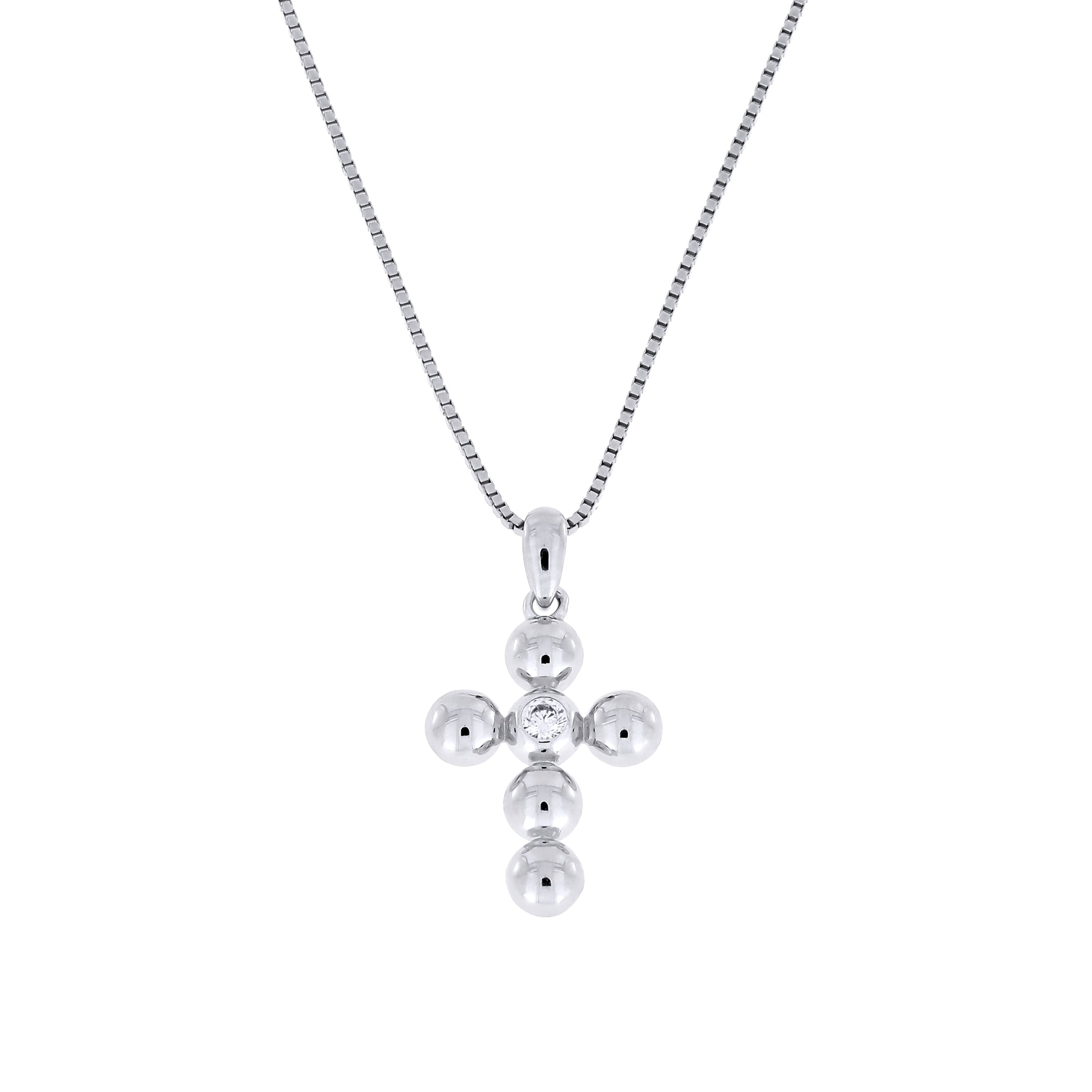 Sterling silver pendant shaped as a beaded cross featuring a central cubic zirconia, suspended on a fine chain, reflecting refined British craftsmanship.
