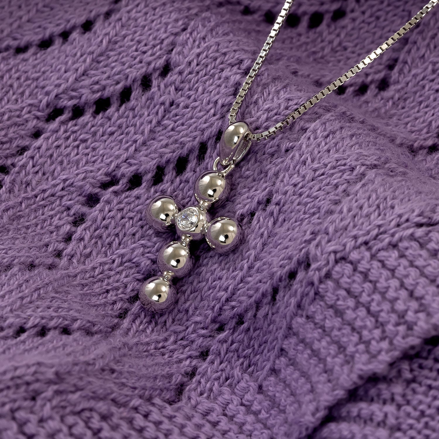 Silver Beaded Cross Pendant with Cubic Zirconia