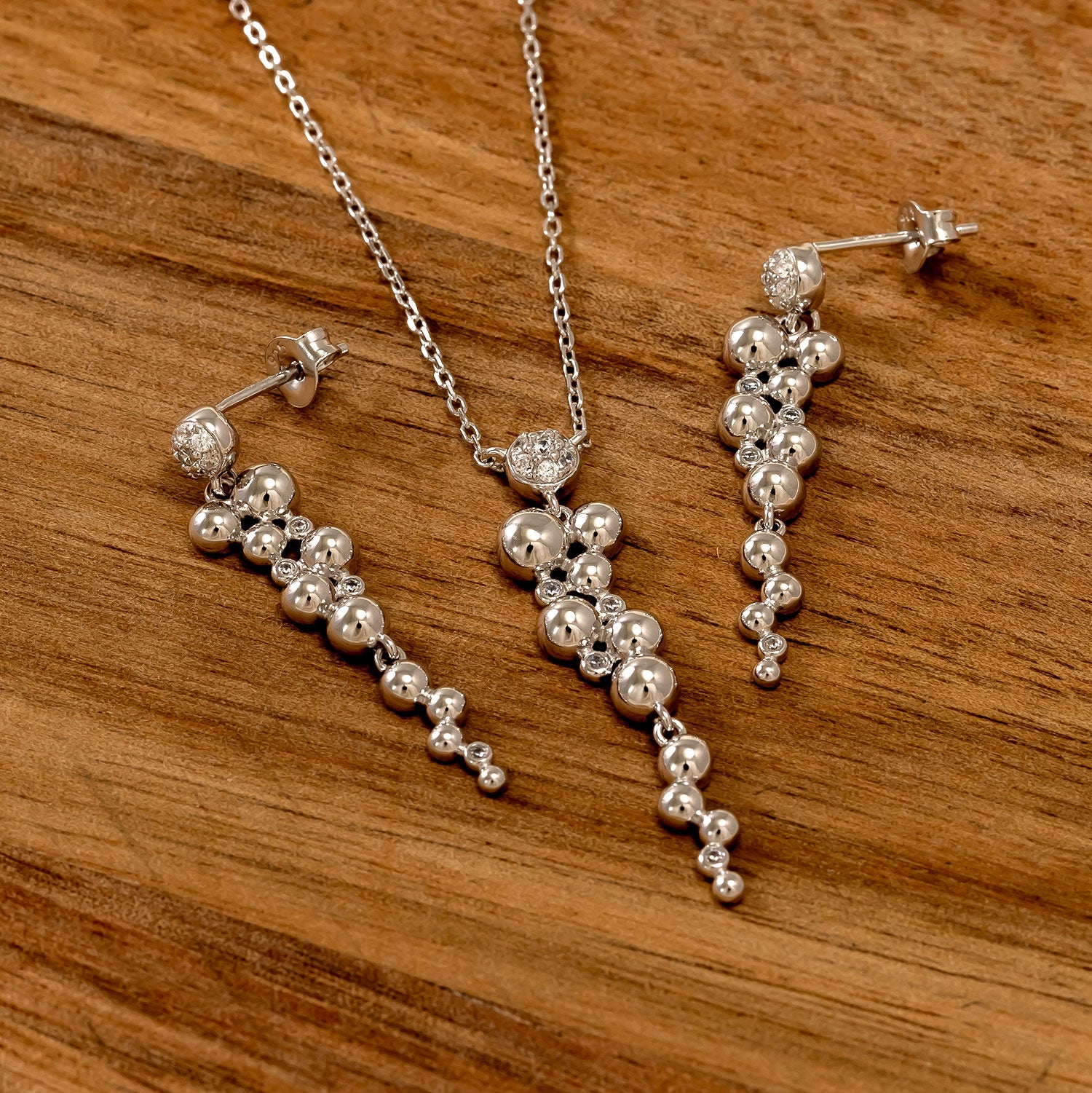 Silver Beaded Waterfall Pendant with Cubic Zirconia