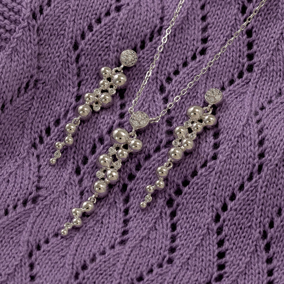 Silver Beaded Waterfall Drop Earrings with Cubic Zirconia