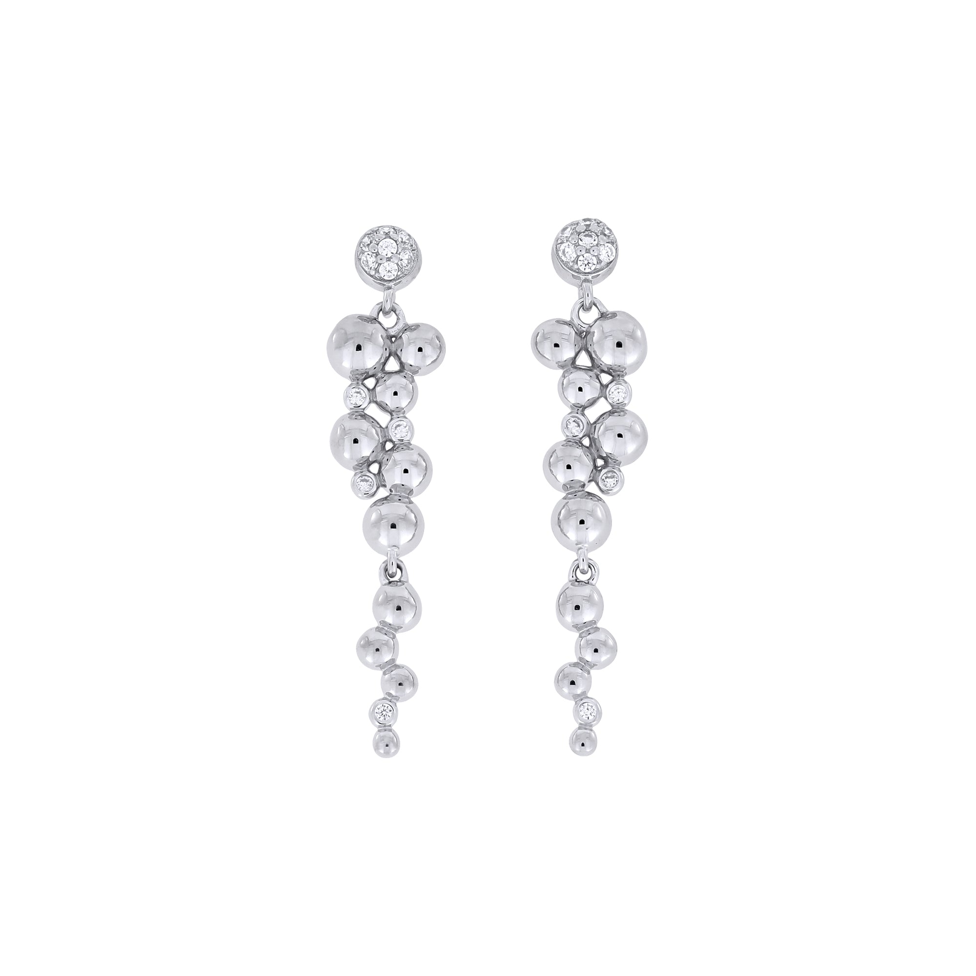 Pair of sterling silver drop earrings featuring a cascading bead design accented with sparkling cubic zirconia stones, embodying refined British craftsmanship.