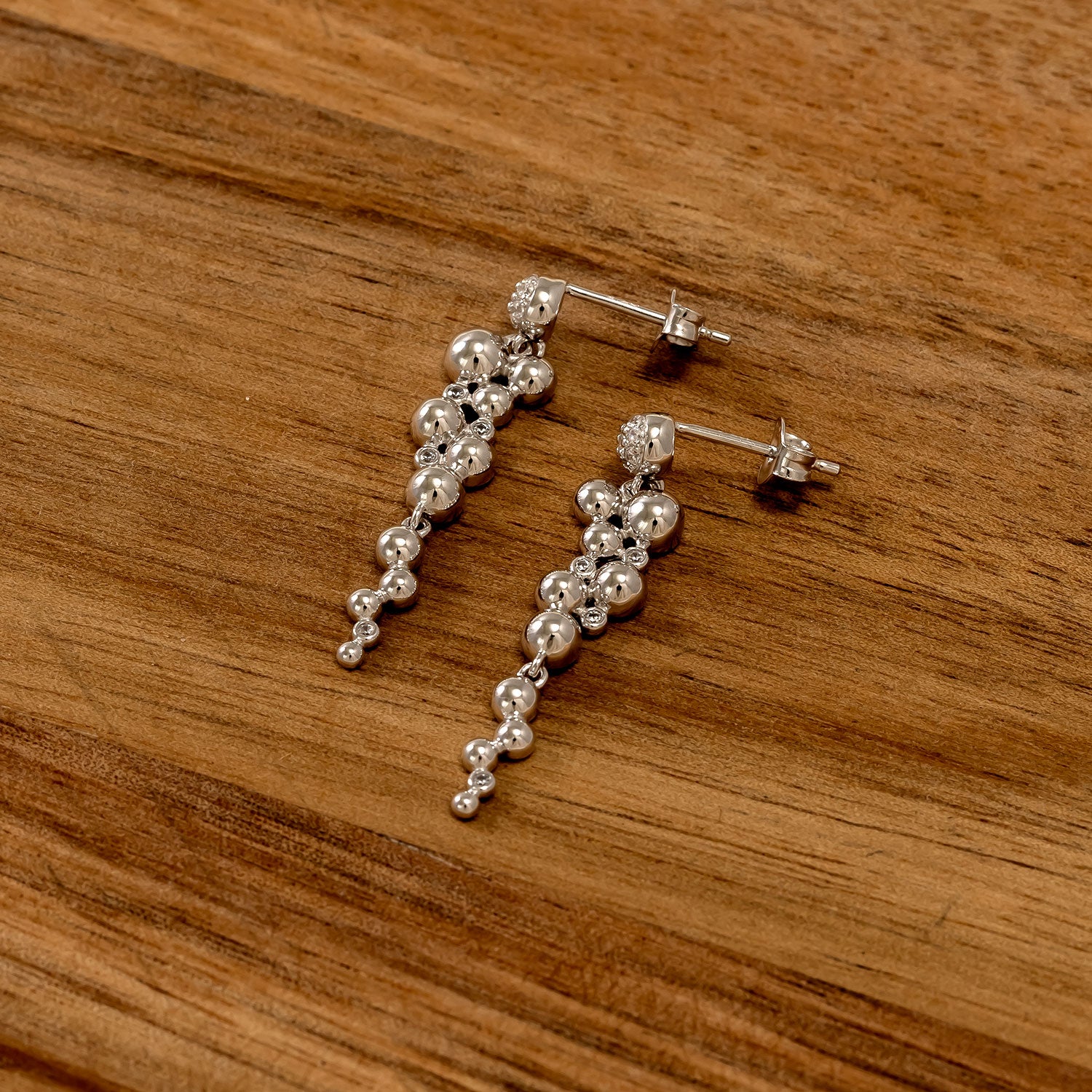 Silver Beaded Waterfall Drop Earrings with Cubic Zirconia