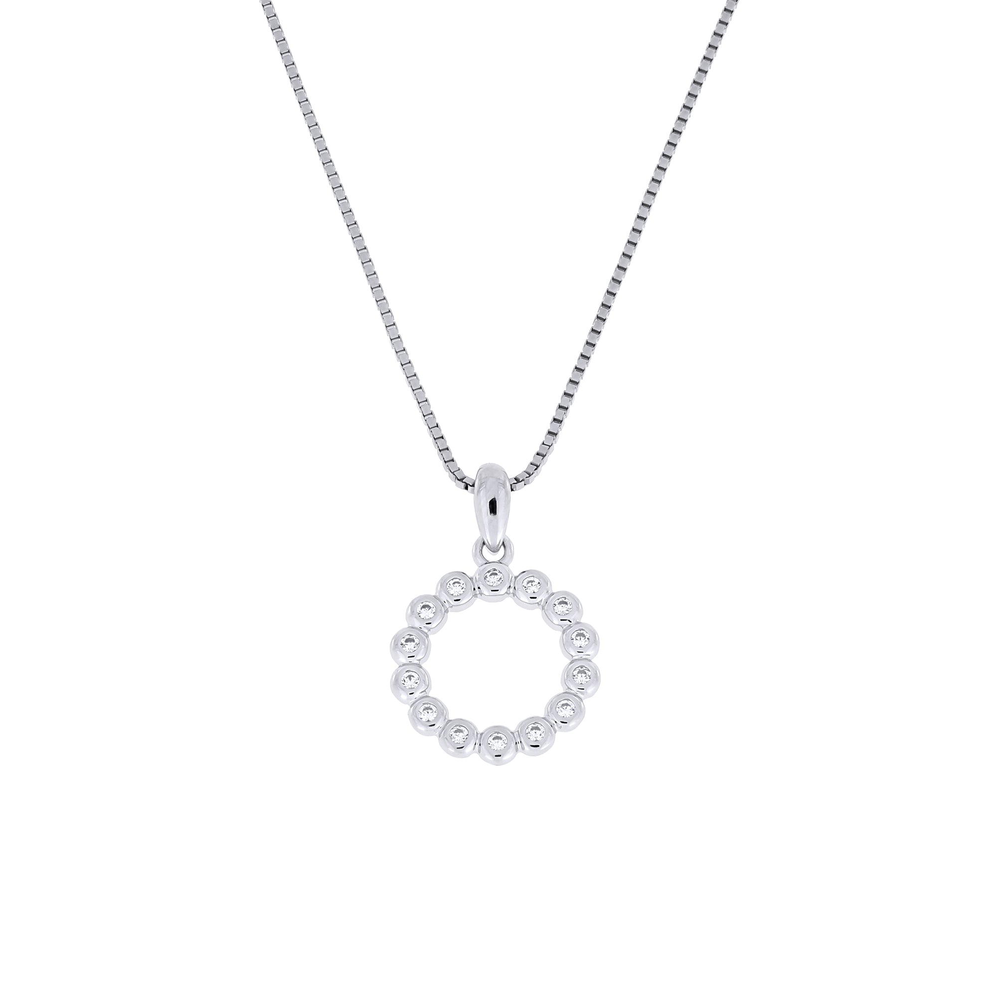 Sterling silver pendant featuring a full circle design set with sparkling cubic zirconia stones, suspended on a delicate fine chain for elegant everyday wear.