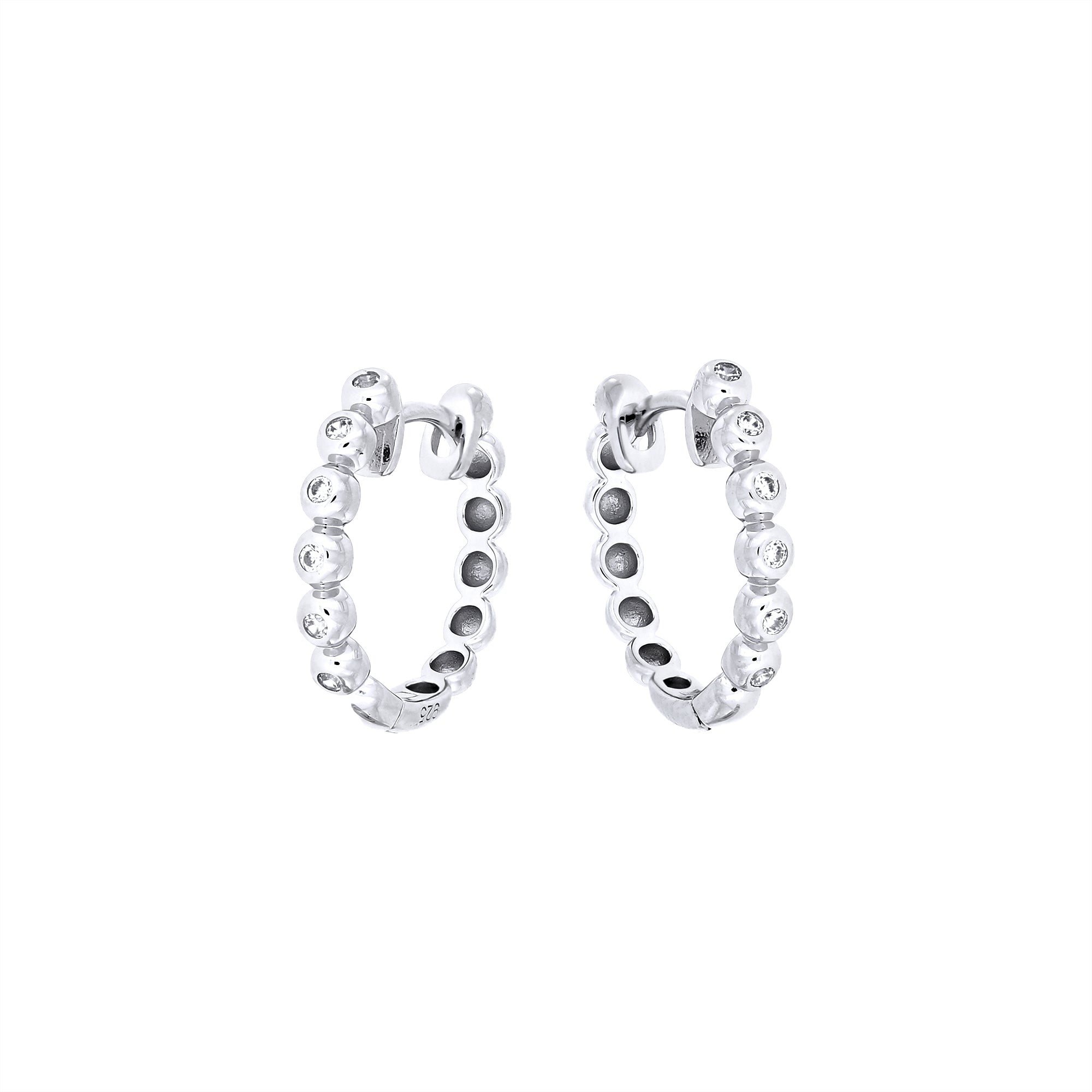 Pair of sterling silver hoop earrings featuring a row of polished beads accented with sparkling cubic zirconia stones, exemplifying contemporary British craftsmanship.