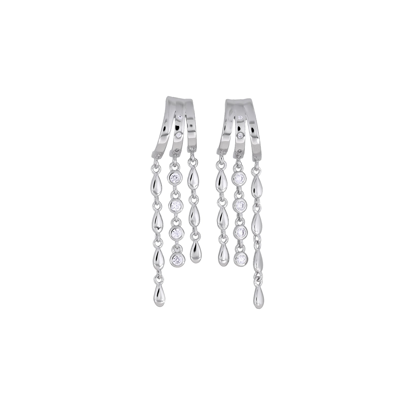 Silver Triple Raindrops Hoop Drop Earrings