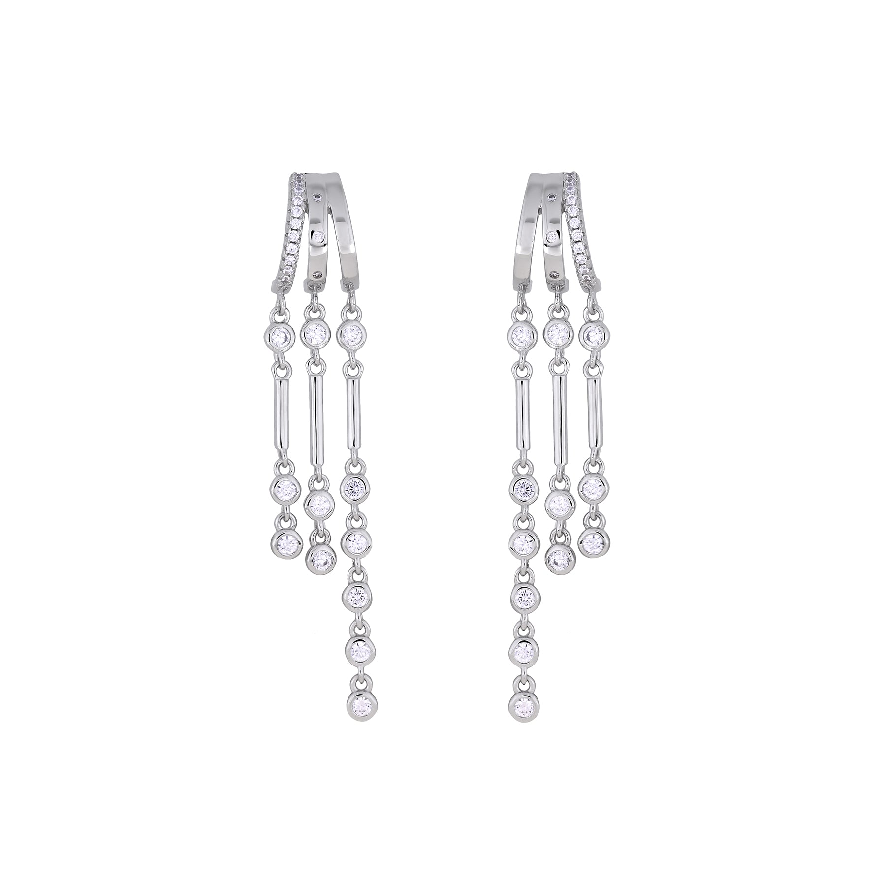 Elegant sterling silver drop earrings featuring three delicate chain strands adorned with sparkling gemstone accents, embodying refined British jewellery design.