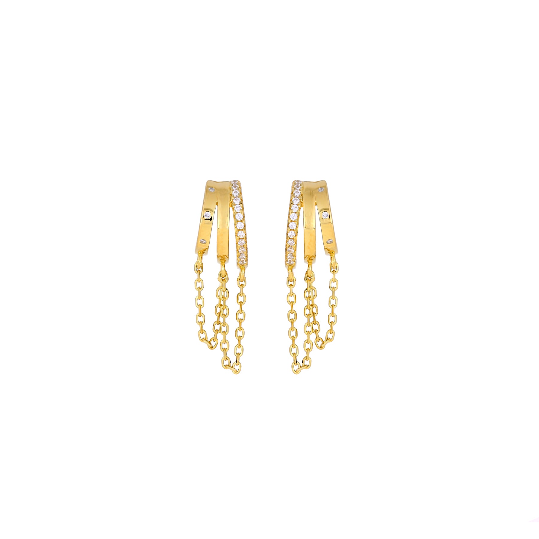 Pair of gold vermeil hoop earrings featuring two slim bands, one adorned with sparkling stones and the other with delicate suspended chain details, showcasing contemporary elegance.