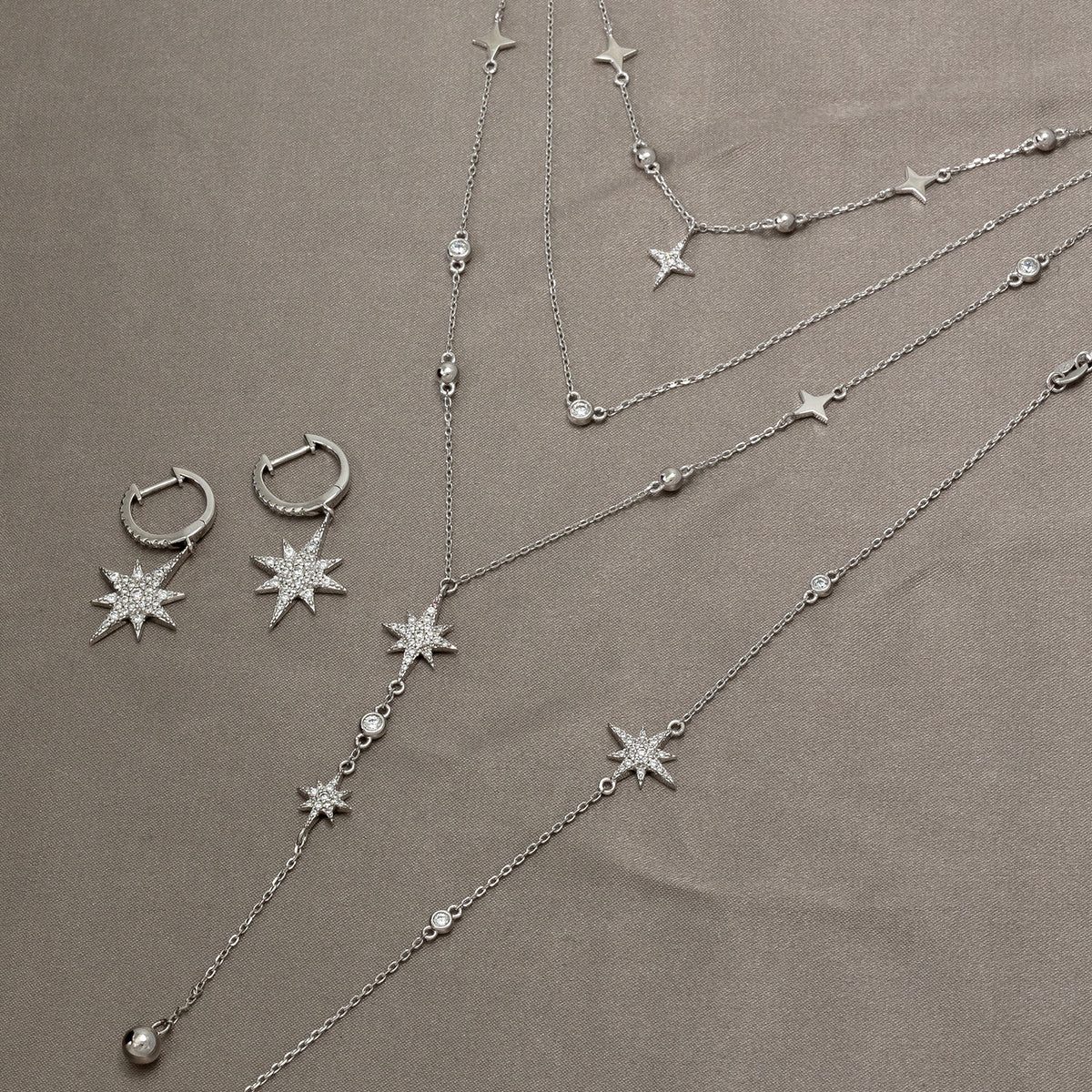 Silver & Cubic Zirconia Multi Layered Star Necklace