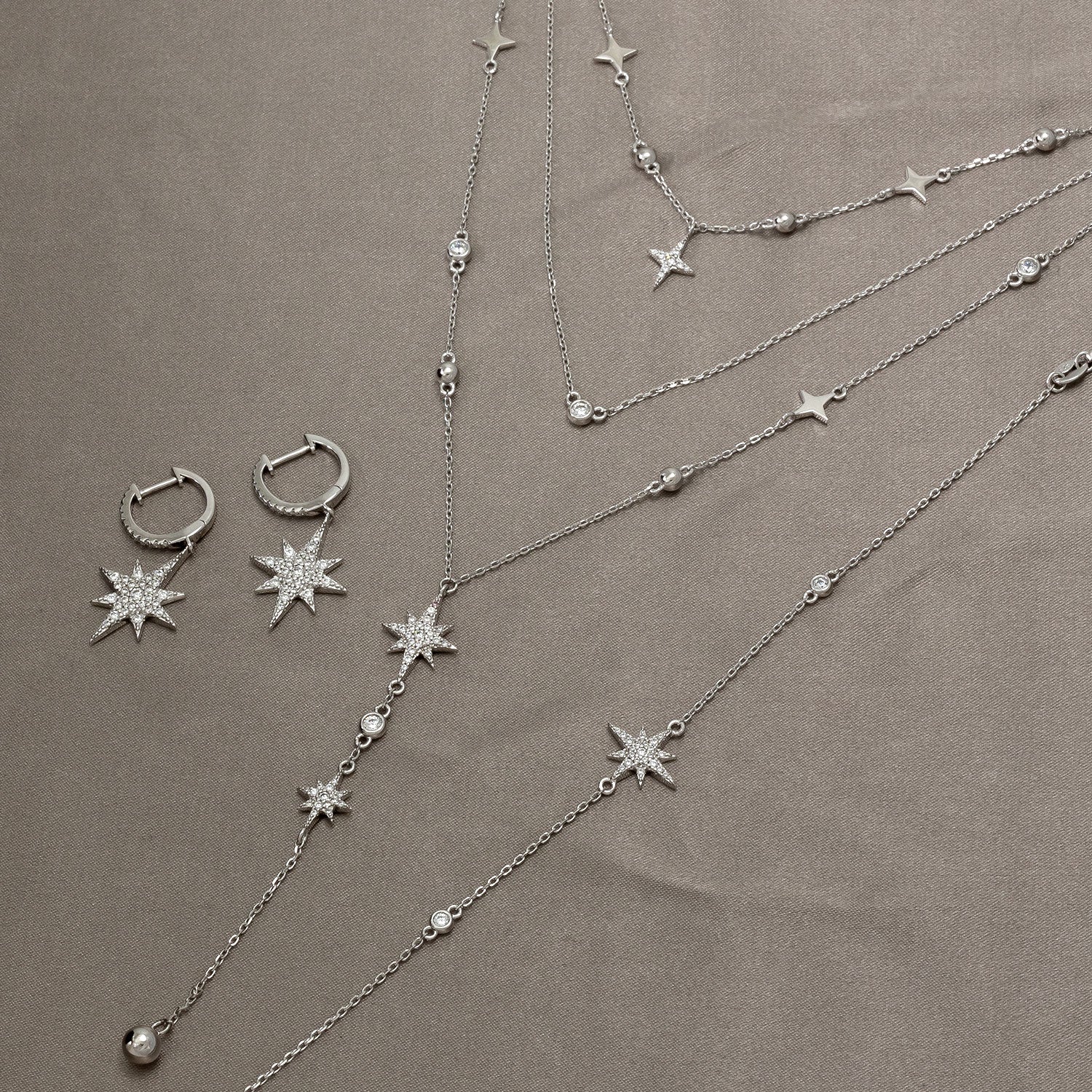 Silver & Cubic Zirconia Multi Layered Star Necklace