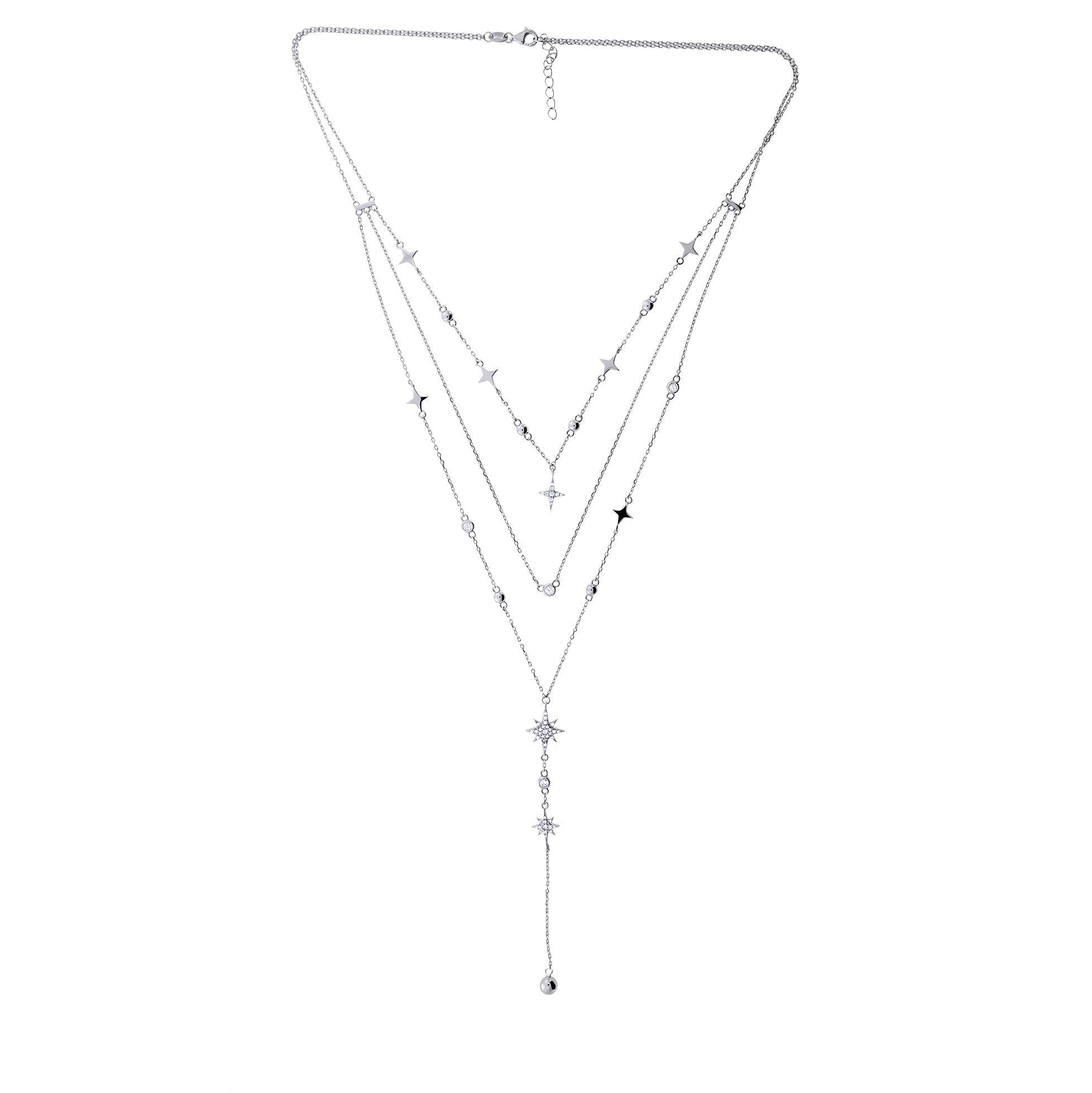 Silver & Cubic Zirconia Multi Layered Star Necklace