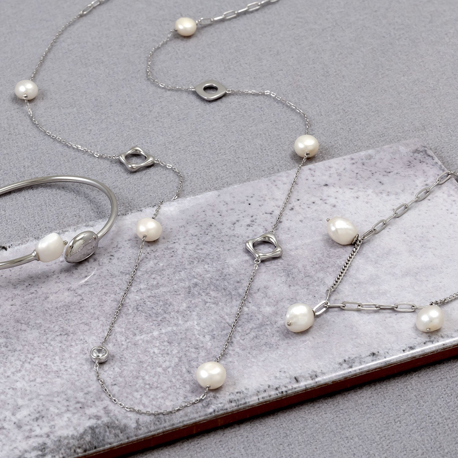 Sterling Silver Open Shapes & Freshwater Baroque Pearl Long Necklace