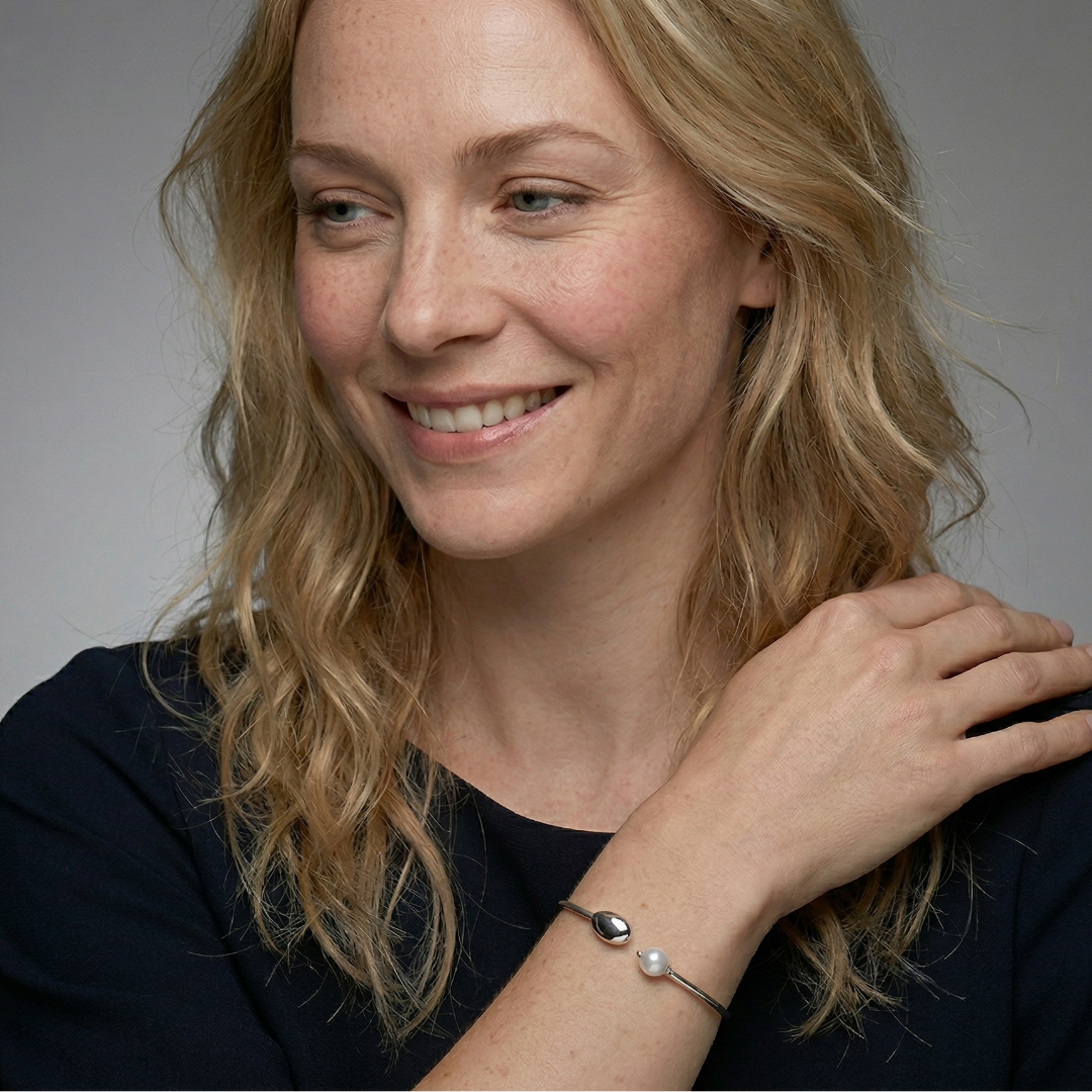 Sterling Silver, Pebble and Freshwater Baroque Pearl Flexi Bangle