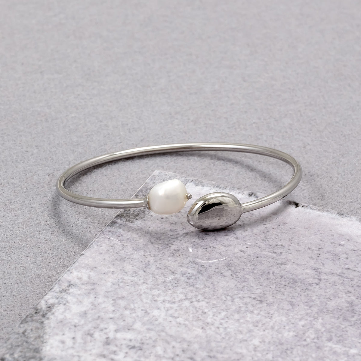 Sterling Silver, Pebble and Freshwater Baroque Pearl Flexi Bangle