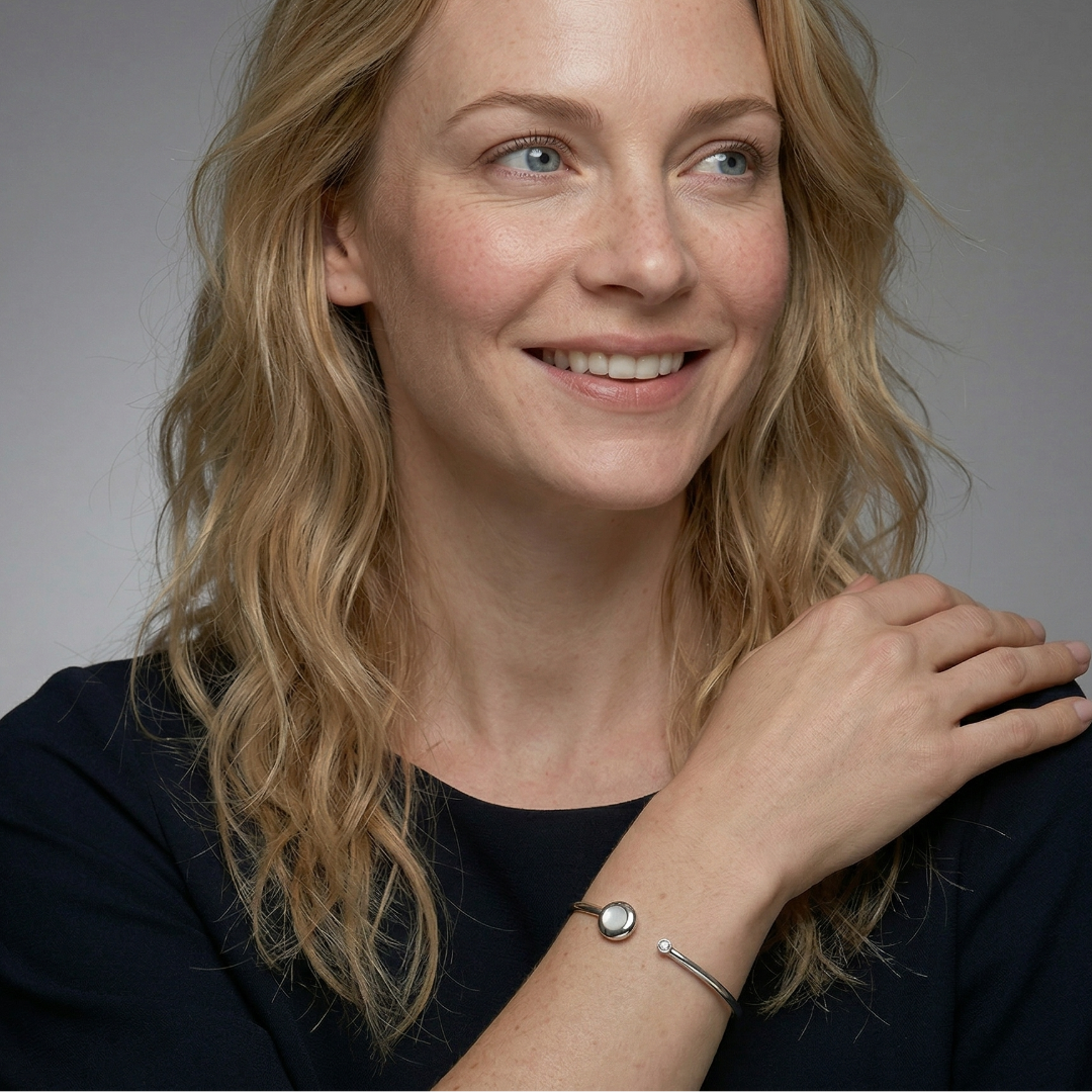 Sterling Silver, Mother of Pearl and Zirconia Flexi Bangle