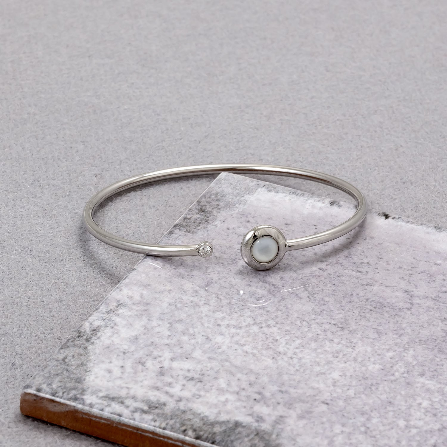 Sterling Silver, Mother of Pearl and Zirconia Flexi Bangle