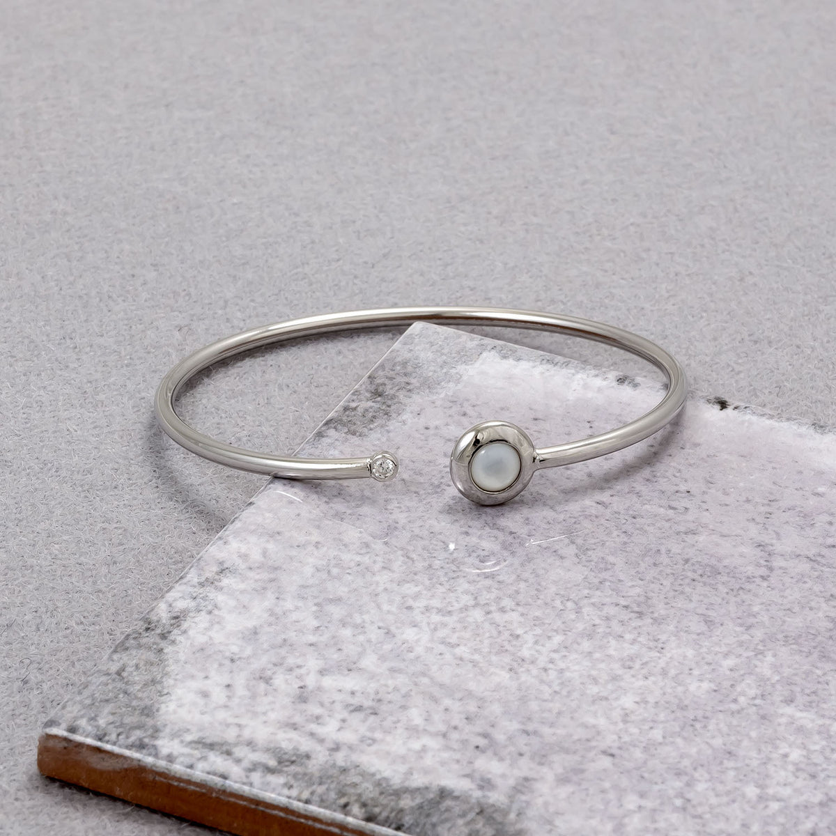 Sterling Silver, Mother of Pearl and Zirconia Flexi Bangle
