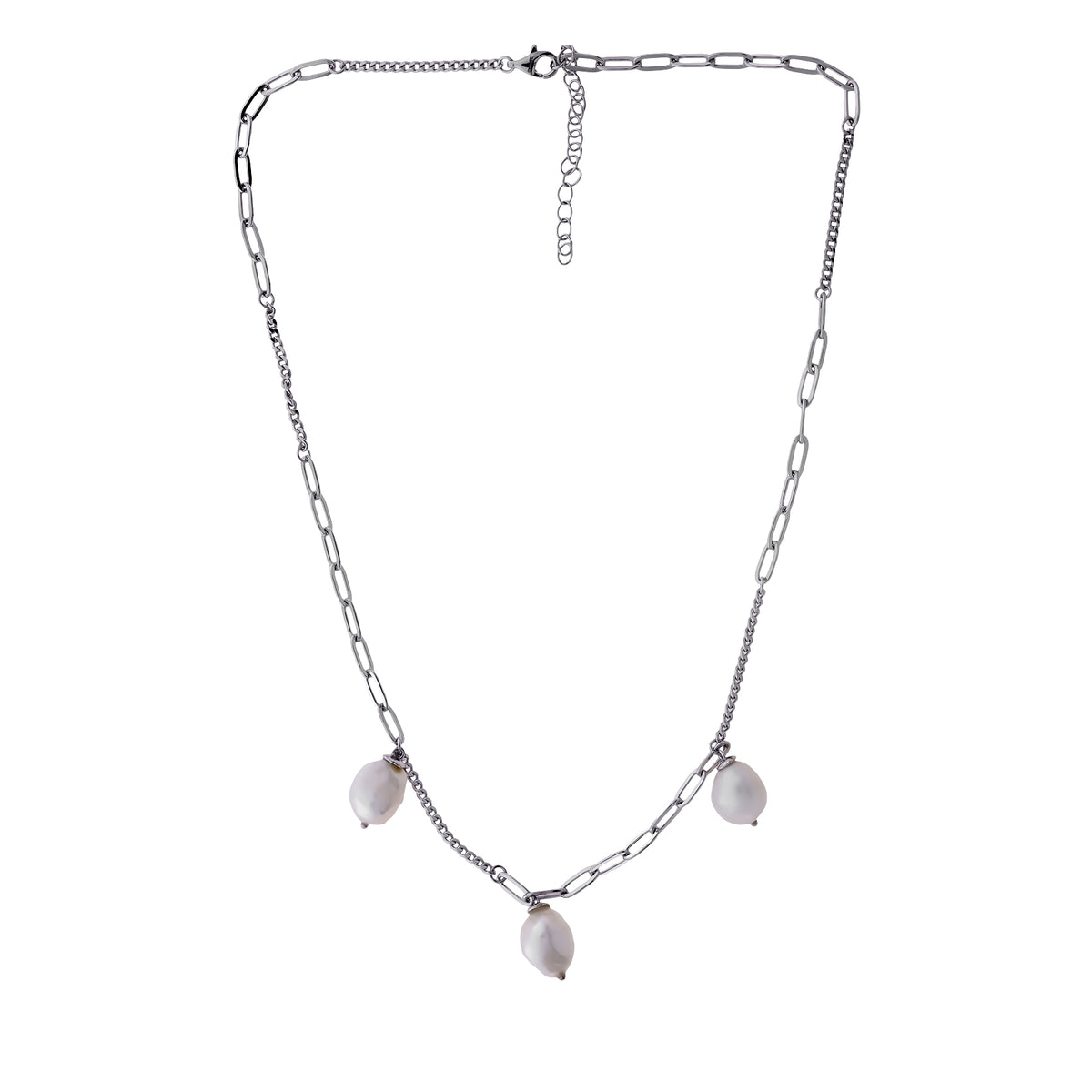 Sterling Silver Mixed Chain Necklace with Freshwater Pearls