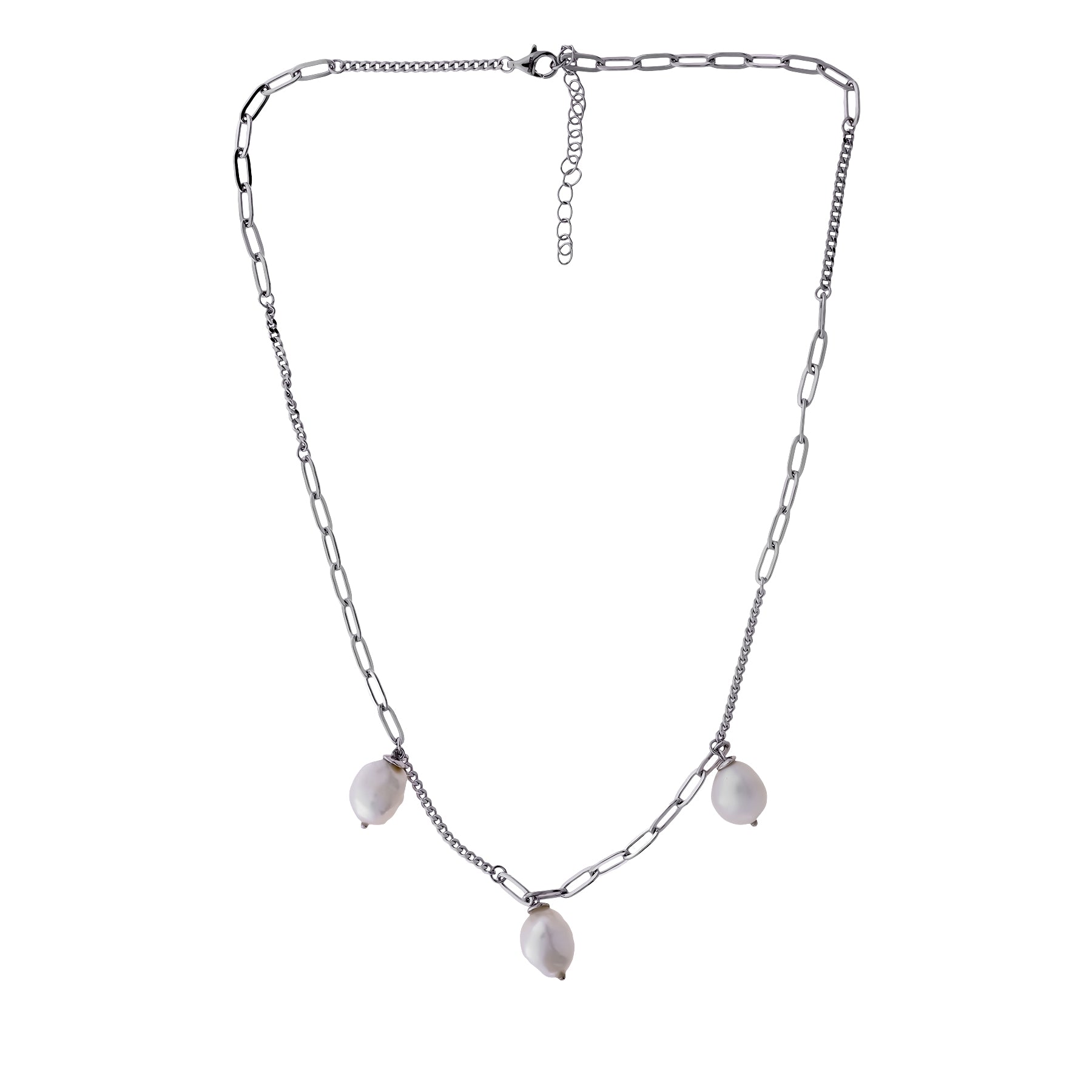 Sterling Silver Mixed Chain Necklace with Freshwater Pearls