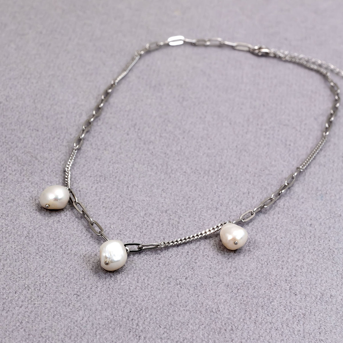 Sterling Silver Mixed Chain Necklace with Freshwater Pearls