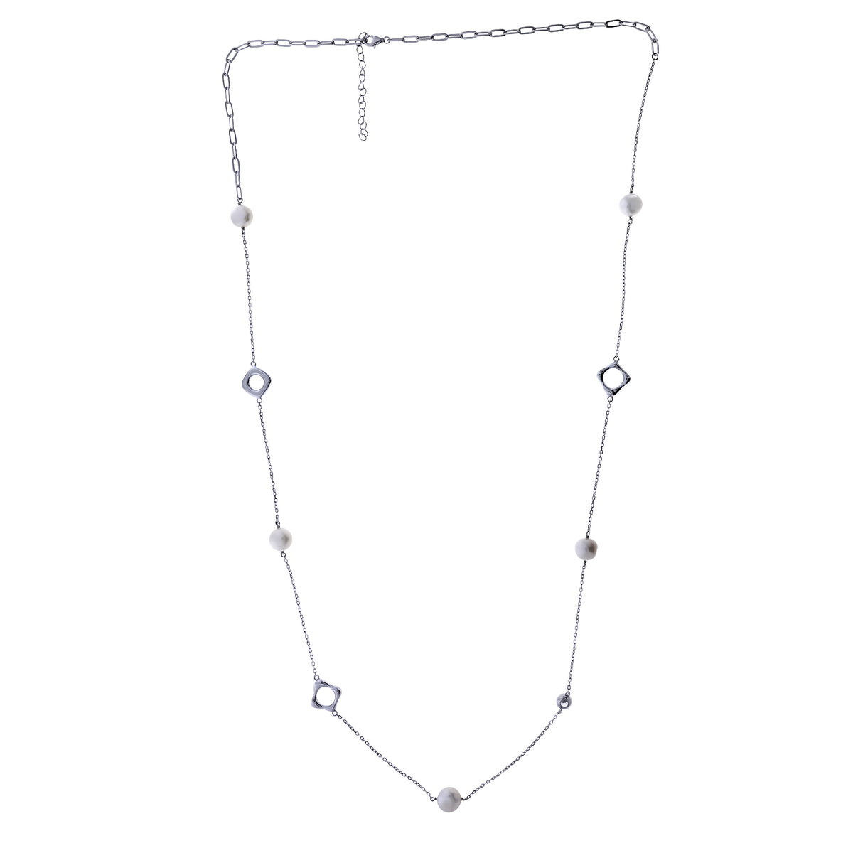 Sterling Silver Open Shapes &amp; Freshwater Baroque Pearl Long Necklace