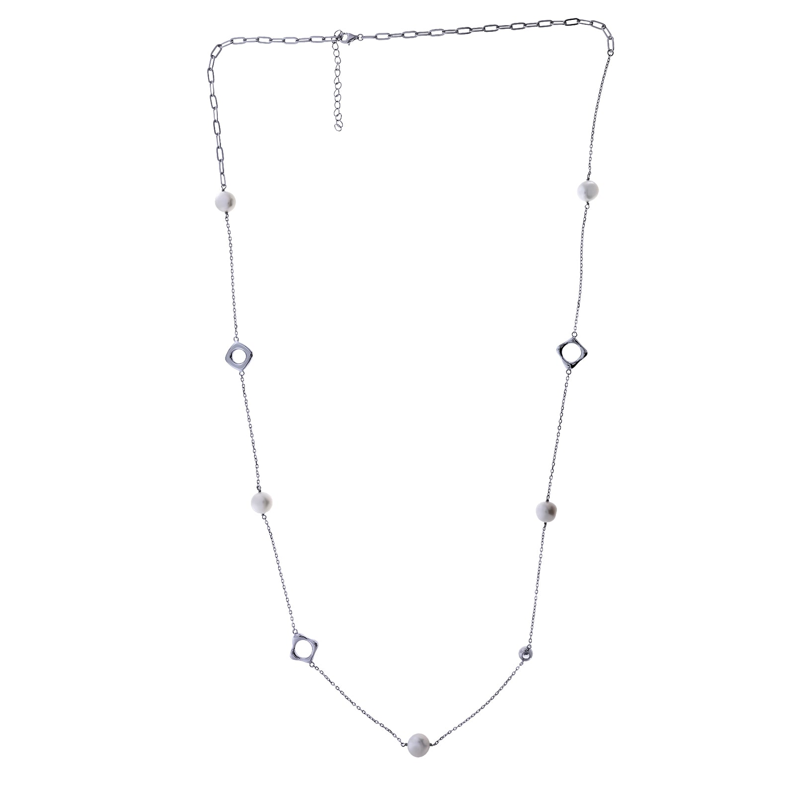 Sterling Silver Open Shapes & Freshwater Baroque Pearl Long Necklace