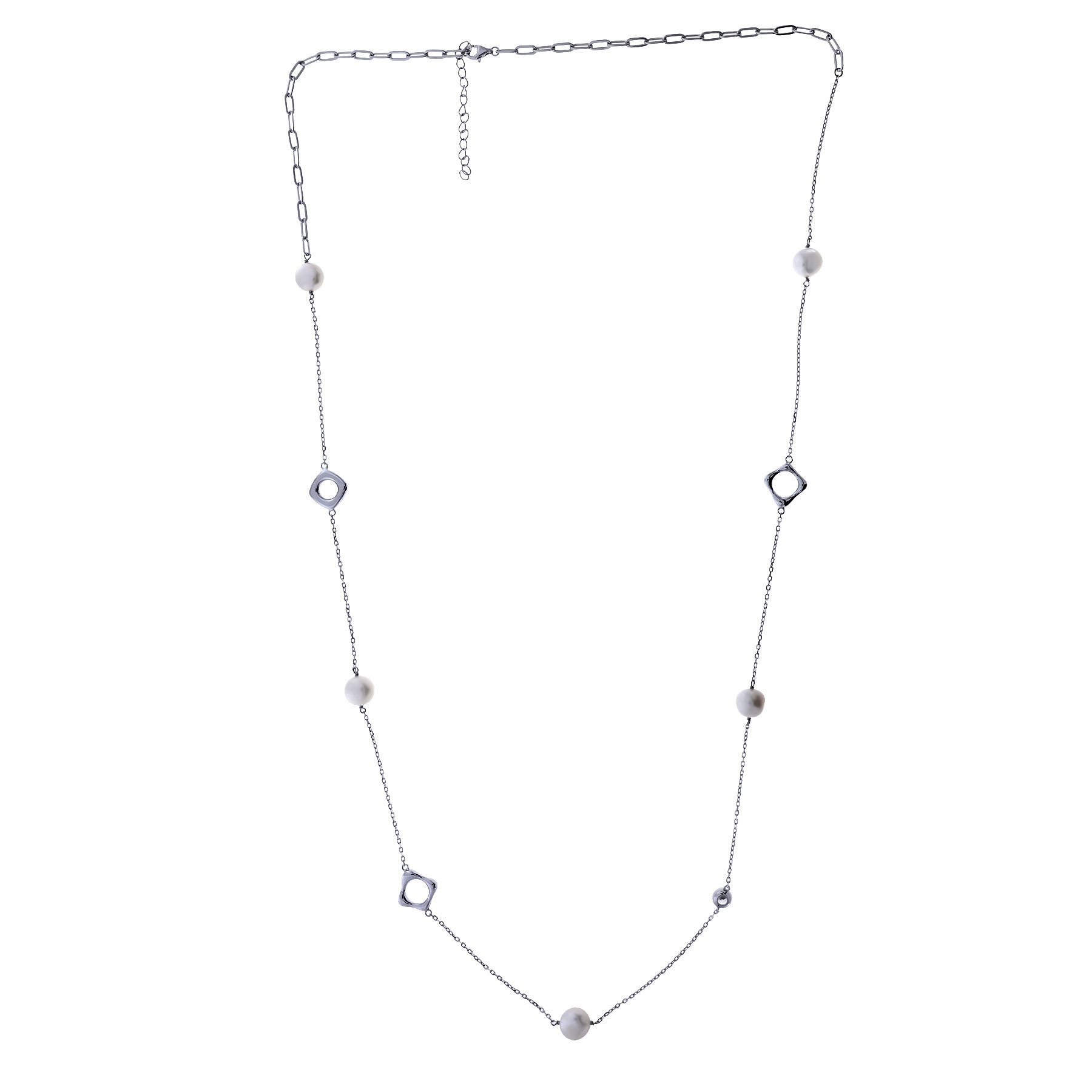 Sterling Silver Open Shapes & Freshwater Baroque Pearl Long Necklace