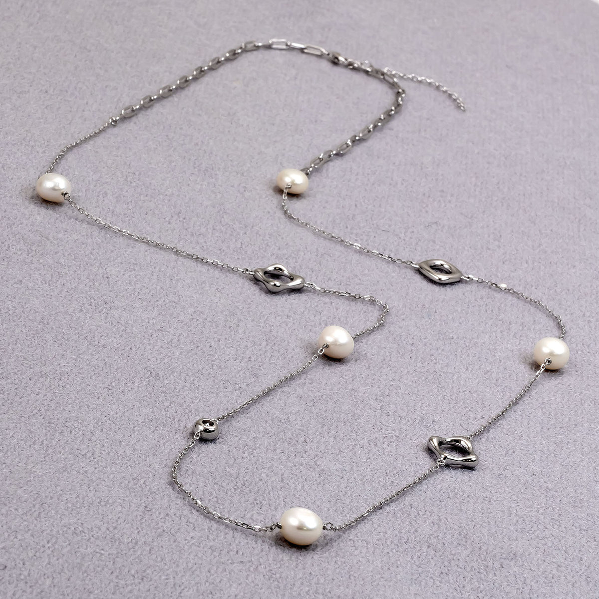 Sterling Silver Open Shapes & Freshwater Baroque Pearl Long Necklace