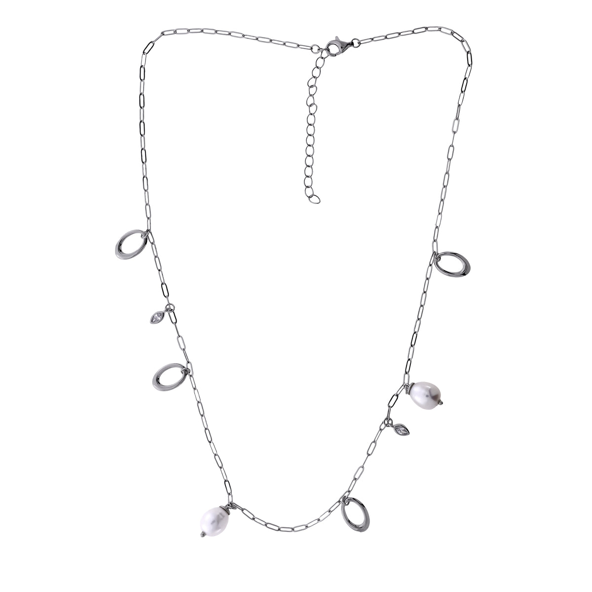 Sterling Silver Hanging Shapes &amp; Freshwater Baroque Pearl Charms Necklace