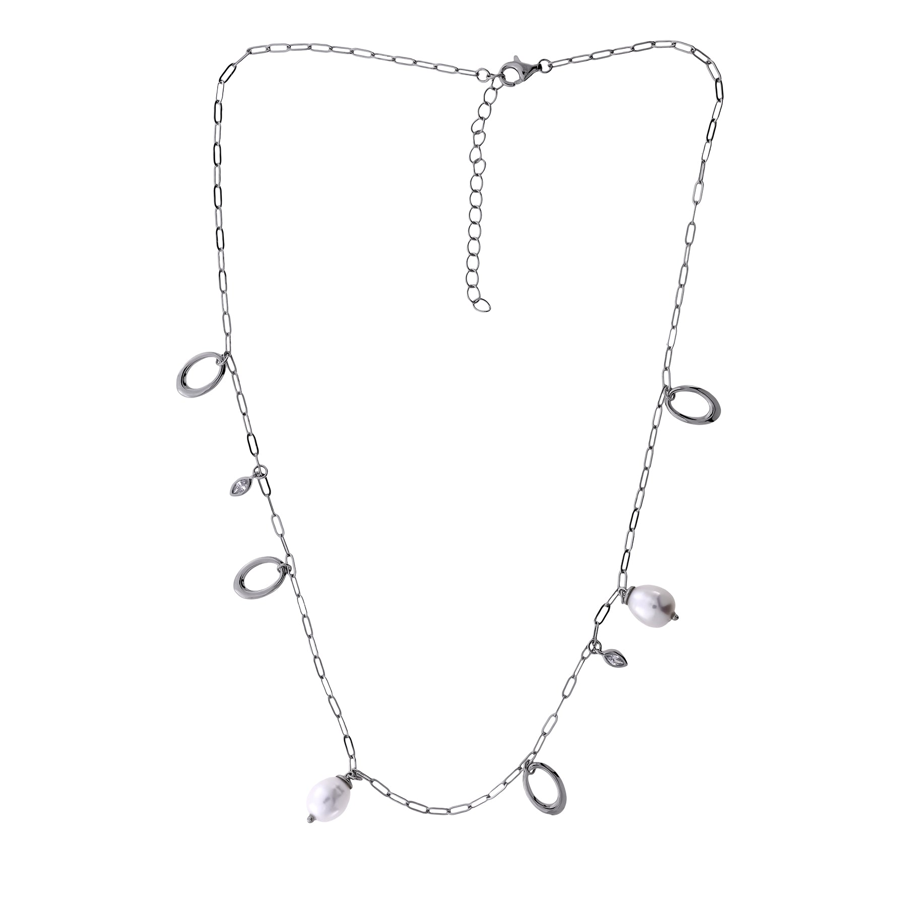 Sterling Silver Hanging Shapes & Freshwater Baroque Pearl Charms Necklace