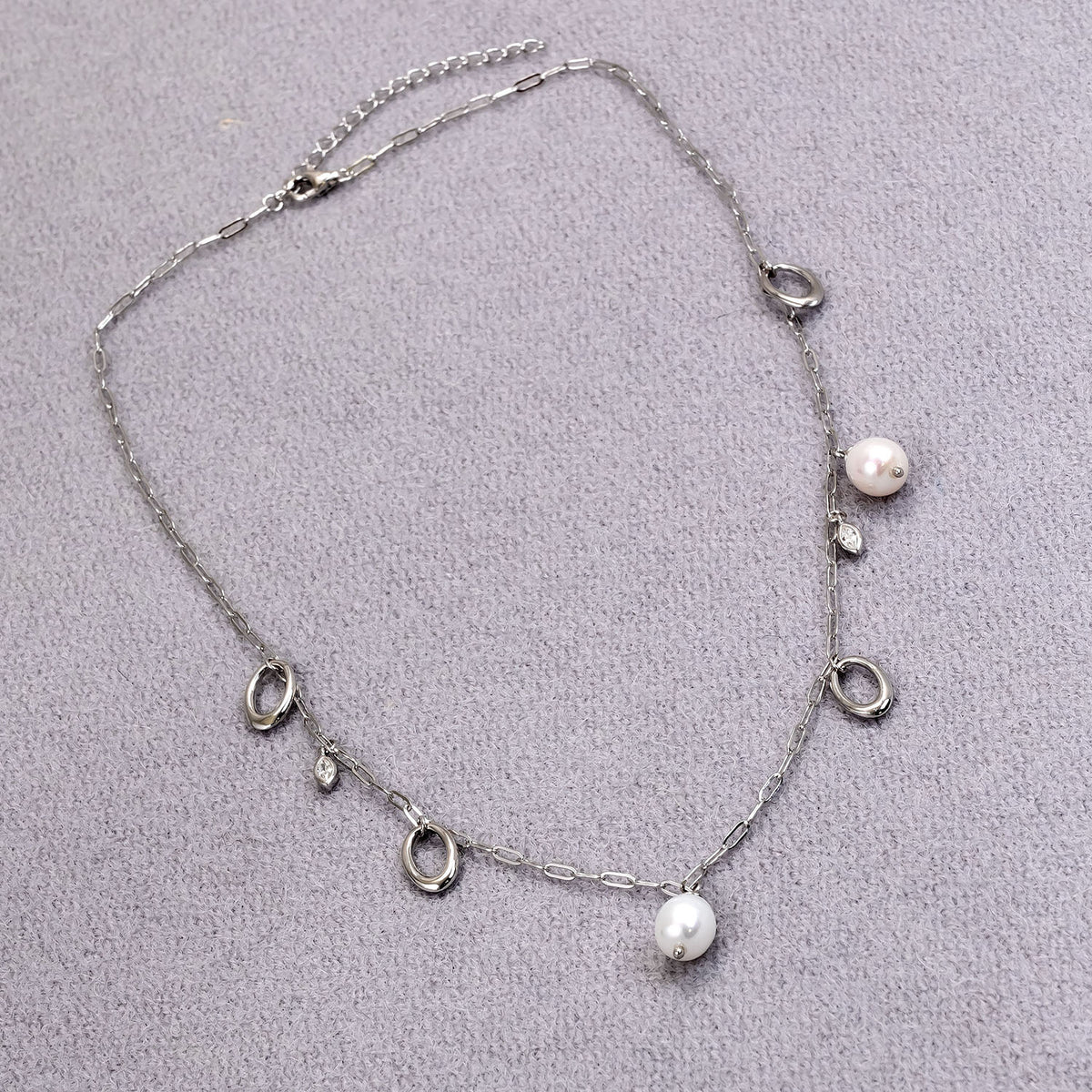 Sterling Silver Hanging Shapes & Freshwater Baroque Pearl Charms Necklace