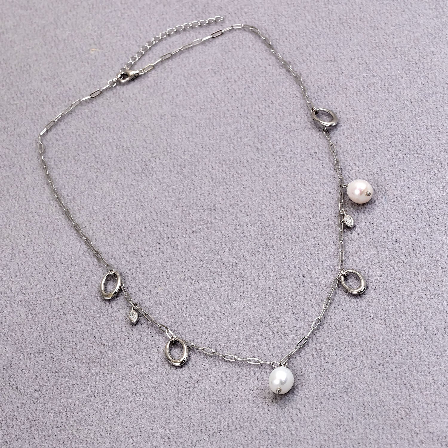 Sterling Silver Hanging Shapes & Freshwater Baroque Pearl Charms Necklace