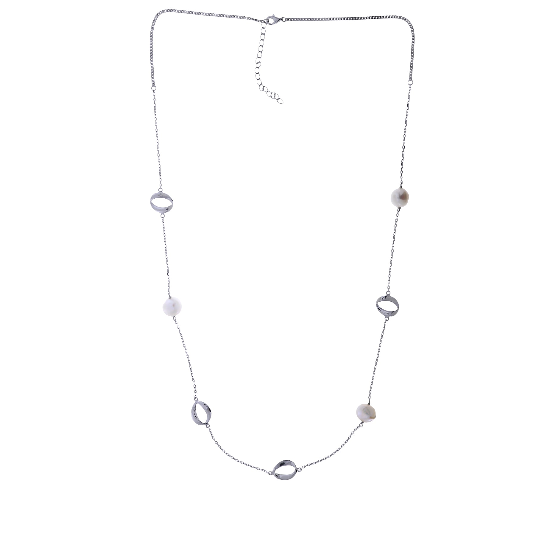Sterling Silver Open Ovals & Freshwater Baroque Pearls Long Necklace
